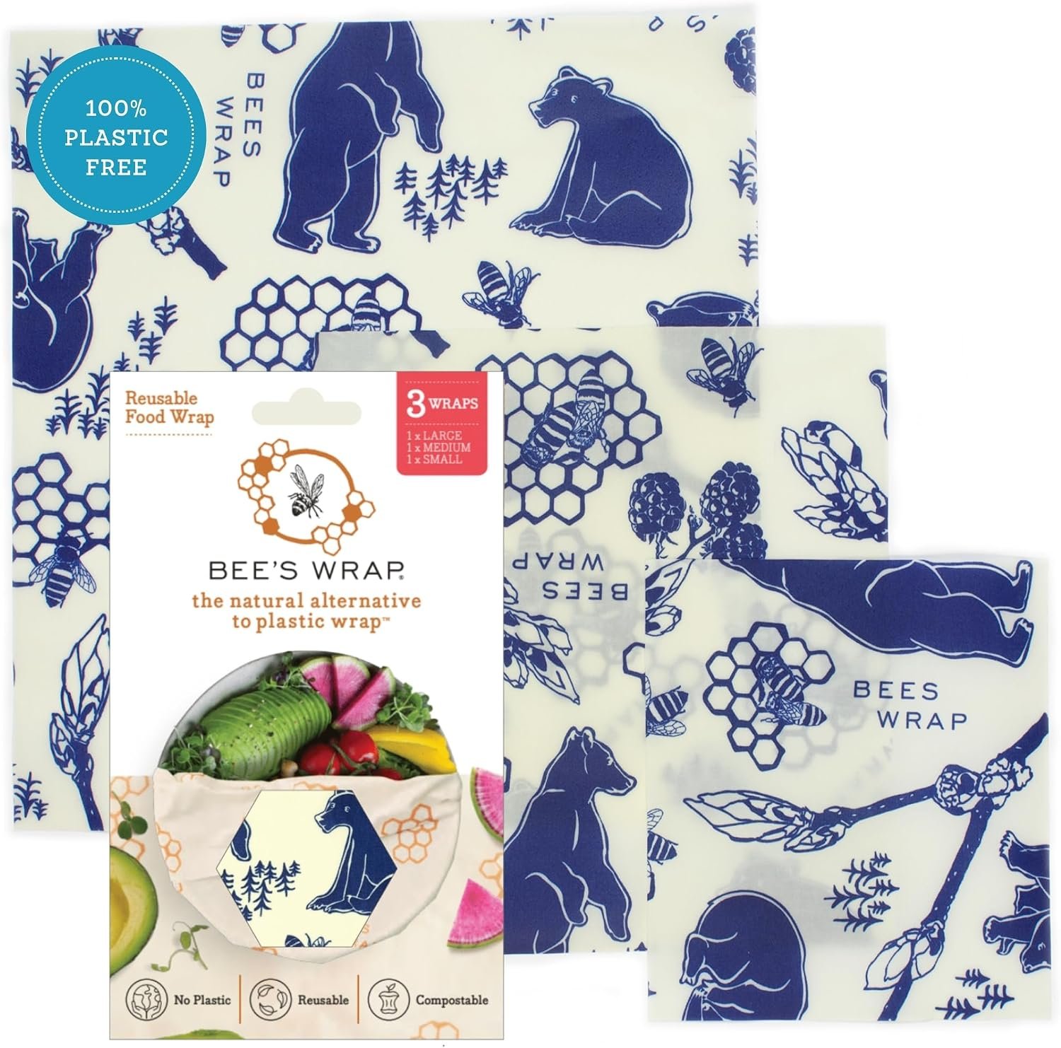 Bee’s Wrap Beeswax Food Wraps, 3 Pack Assorted – Bees & Bears