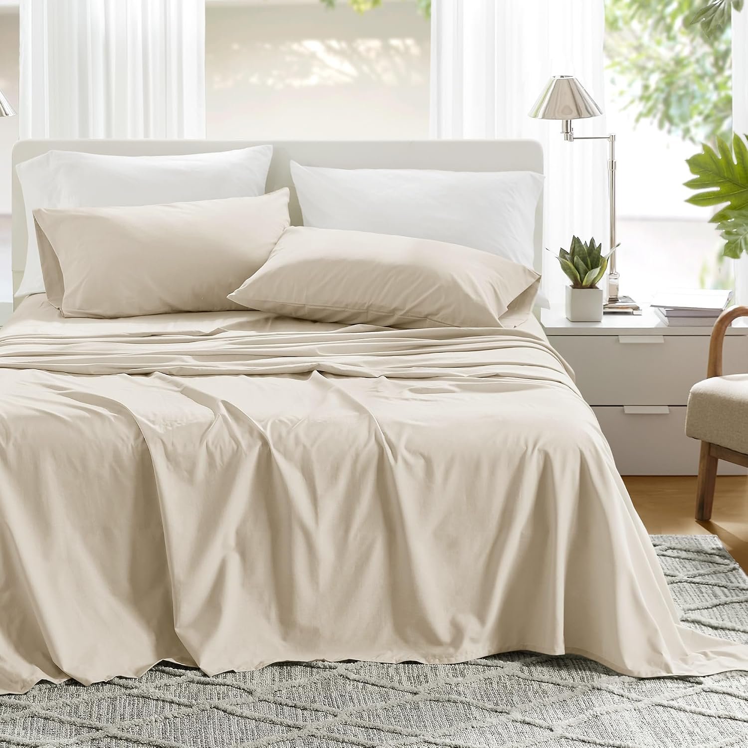 Comfort Spaces 100% Cotton Percale Sheets Queen Sheet Set 4 Pcs, Cream