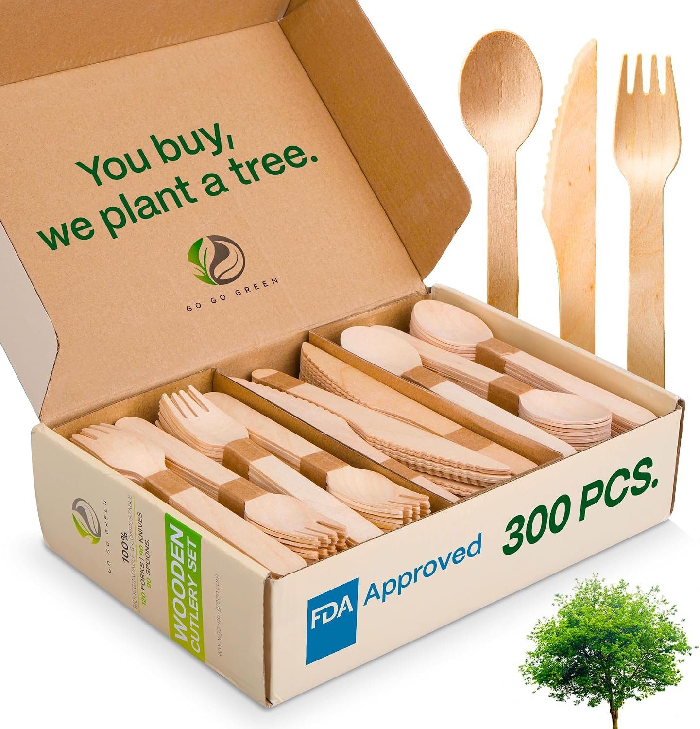 100% Compostable Cutlery Set – 300 Pieces Wooden Compostable Utensils [120 Forks, 90 Knives, 90 Spoons] – Disposable Wooden Cutlery, Eco Friendly Forks And Spoons Disposable Cutlery Set Party Utensils