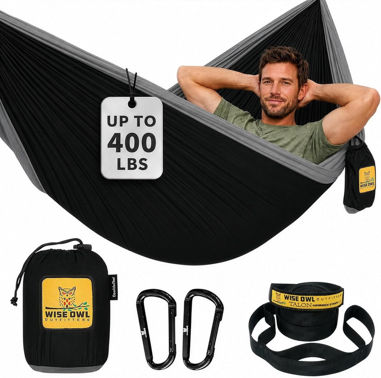 Wise Owl Outfitters Hammock for Camping Single Hammocks Gear for The Outdoors Backpacking Survival or Travel – Portable Lightweight Parachute Nylon SO Black & Grey