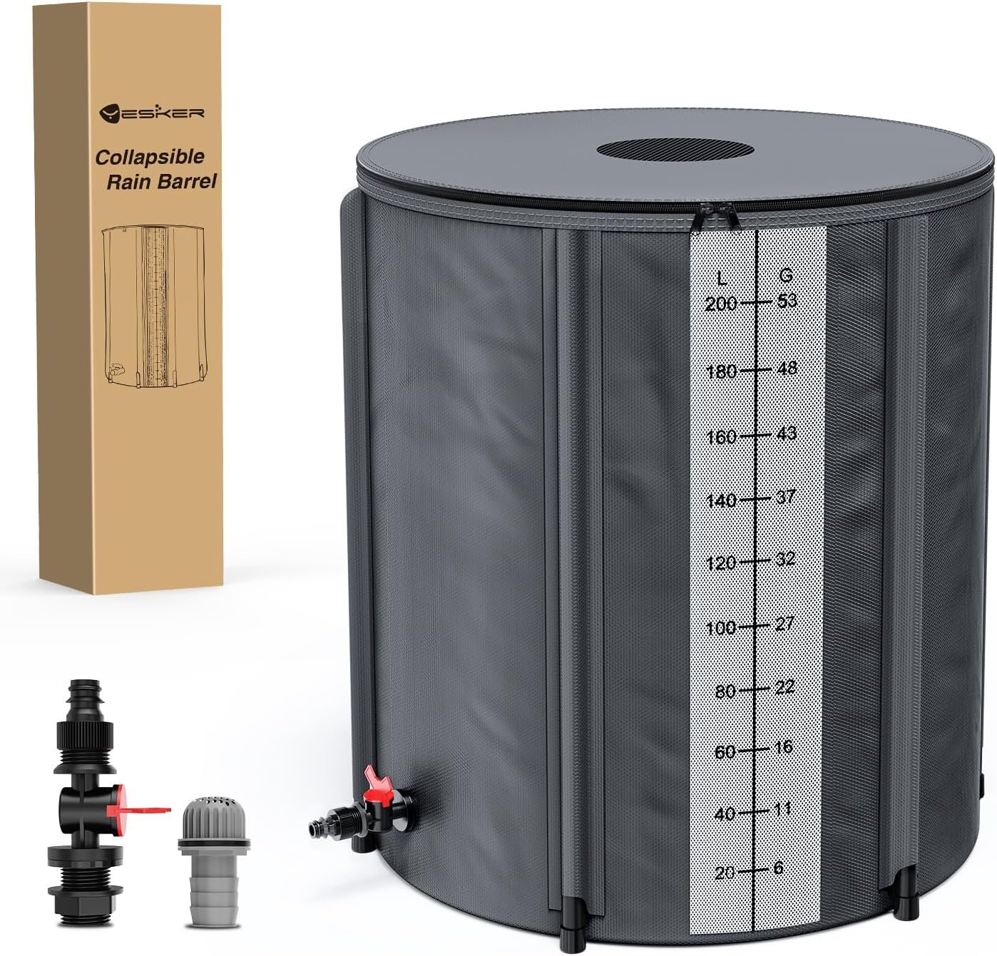 Yesker Collapsible Rain Barrel, 53 Gallon Portable Rainwater Collection System, 550D PVC Water Storage Tank, Rain Catcher with Spigots Filter Overflow Kit, Grey