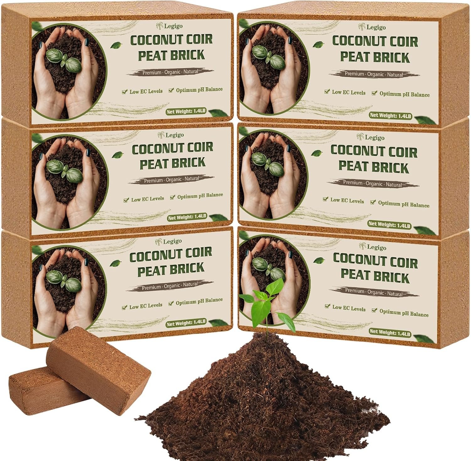 Legigo 6 Pack Coco Coir Bricks for Plants- 100% Organic Coconut Coir Soil
