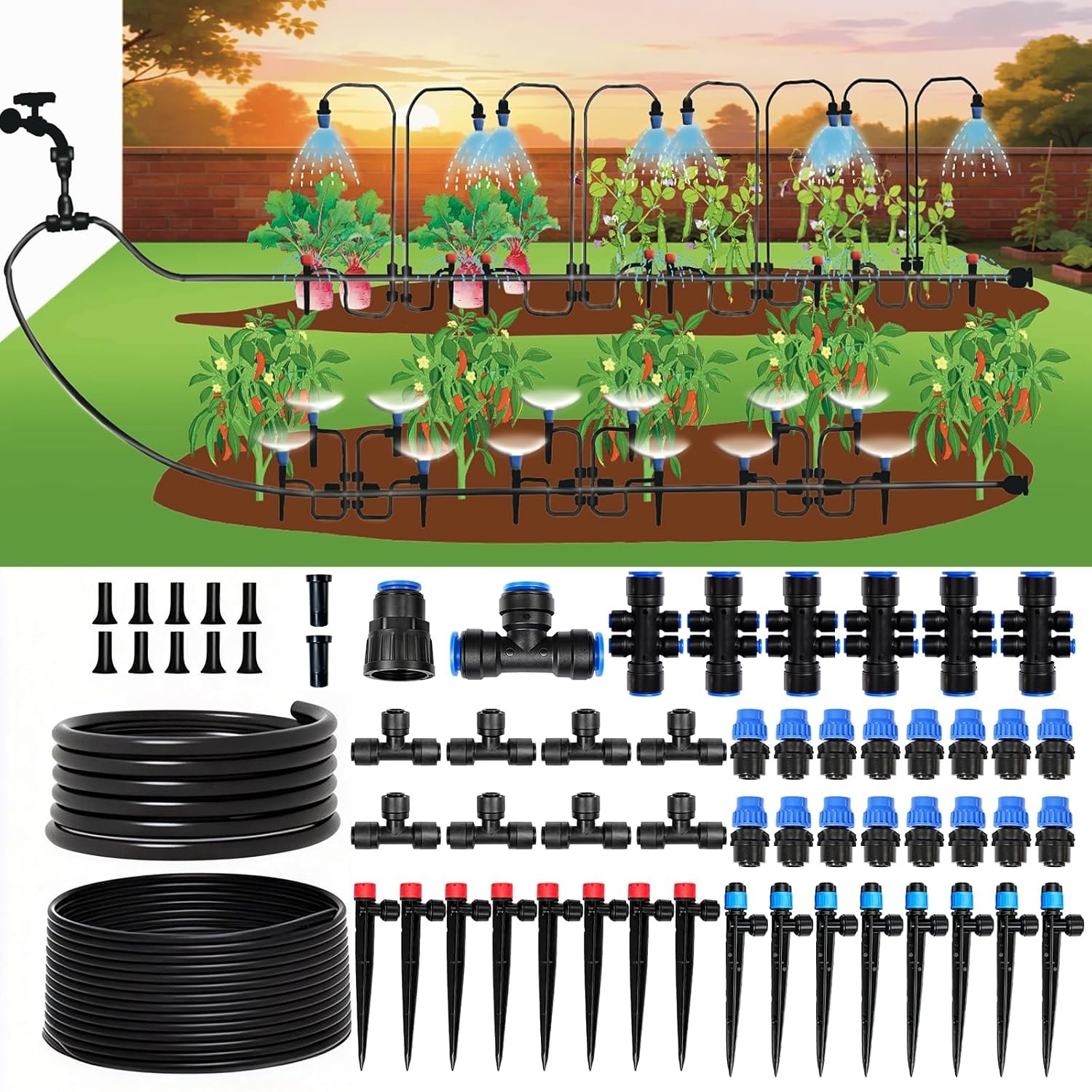 230FT Drip Irrigation System Kit, Quick Push-to-Connect Auto Garden Watering Irrigation System with 33FT 1/2” & 197FT 1/4” Tubing, Adjustable Dripper Sprayers for Raised Bed, Lawn, Greenhouse