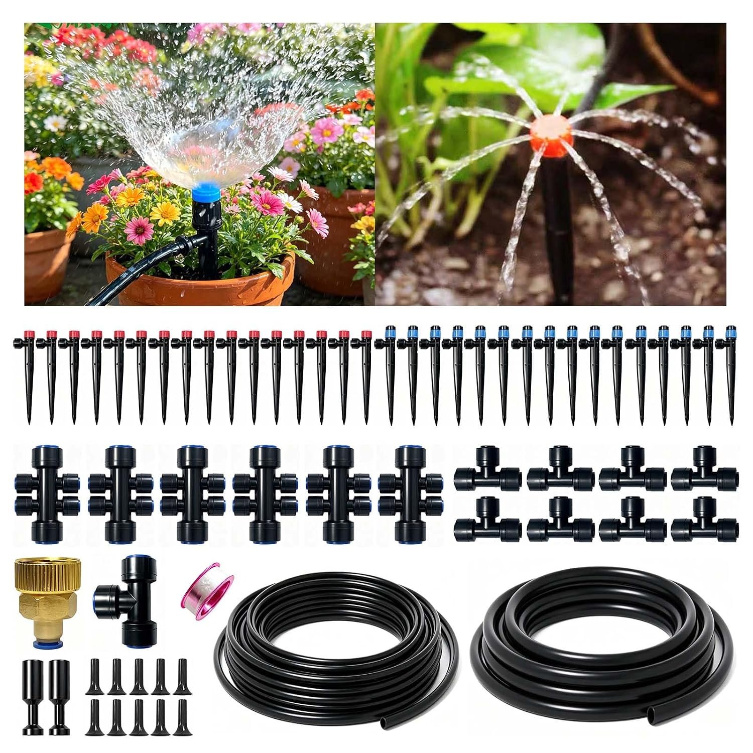 Drip Irrigation System, 2026-Upgrade 33FT+197FT 1/4″ Garden Watering Kit with Adjustable Red & Blue Emitters, 3/4″ Brass Connector, DIY Kit for Garden, Greenhouse, Potted Plants & Raised Beds