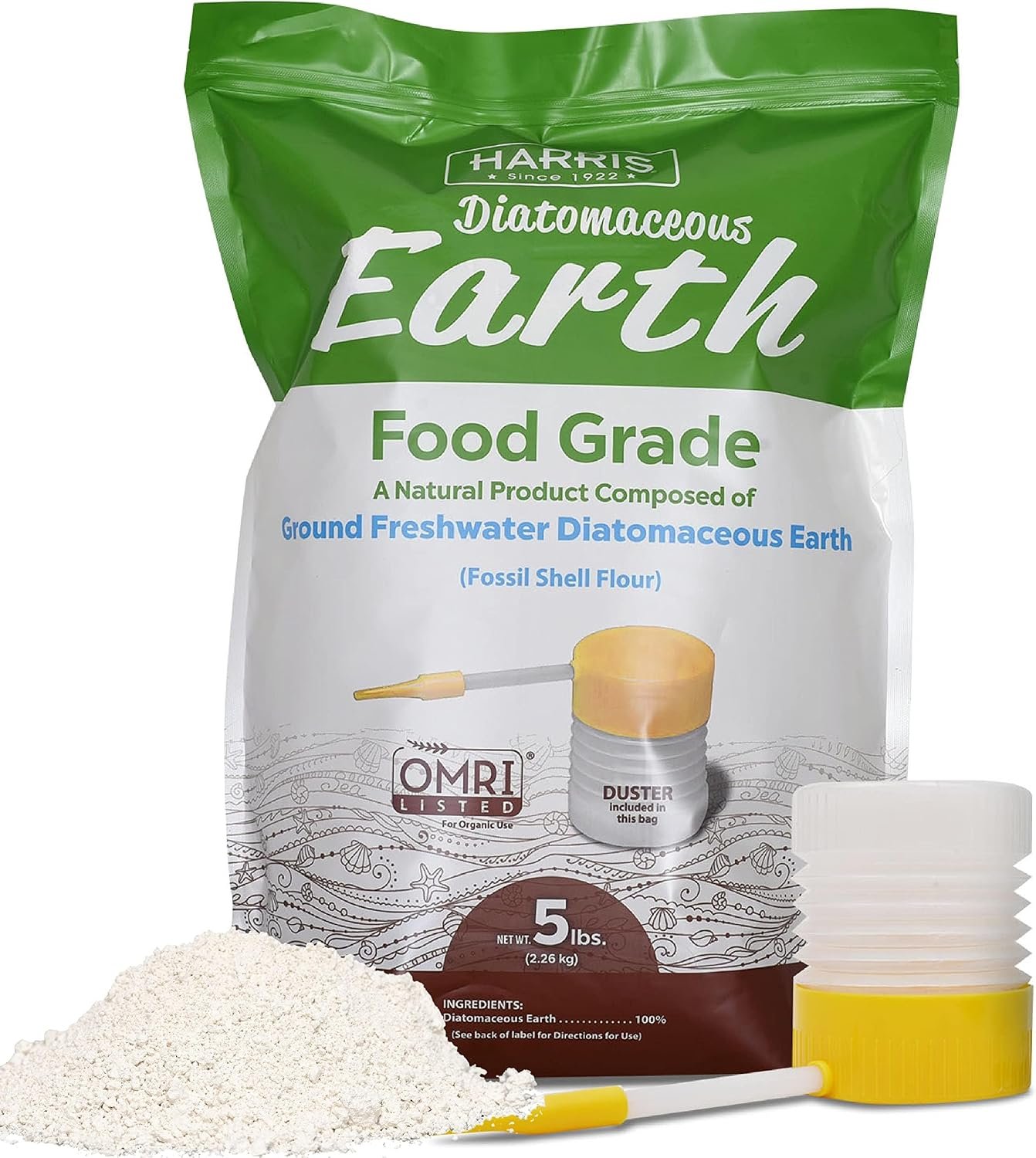 Harris Diatomaceous Earth Food Grade, 5lb with Powder Duster Included in the Bag, OMRI Listed Approved for Organic Use