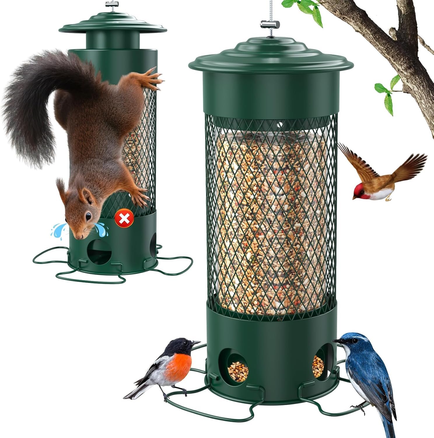 Metal Squirrel Proof Bird Feeders for Outdoors Hanging,Weight-Activated Large Capacity Feeder for Wild Finch, Cardinal,Blue Jay, Chickadee, Weatherproof and Durable 4 Perches,Green