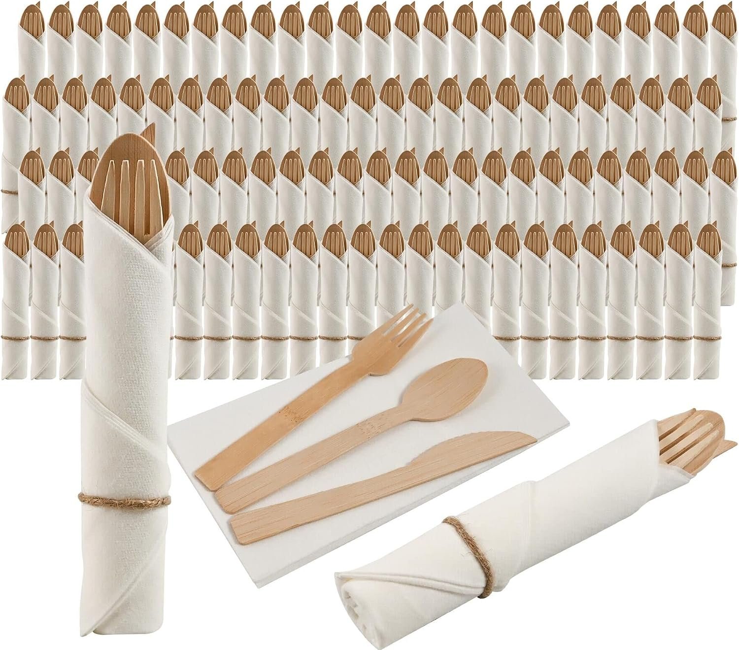 Pre Rolled Napkin and Bamboo Cutlery Set – 100Pack Bamboo Utensils/Compostable Cutlery(100 Forks, 100 Knives, 100 Spoons, 100 Napkins), Biodegradable Wrapped Cutlery for Party, Wedding, Events