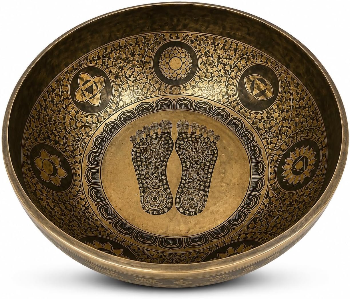 Art of India 21 Inch Large Tibetan Style Singing Bowl with Buddha Footprint and Chakra Design, Meditation Sound Bowl for Yoga, Sound Bath, Mindfulness, Spiritual Décor and Wellness Studios
