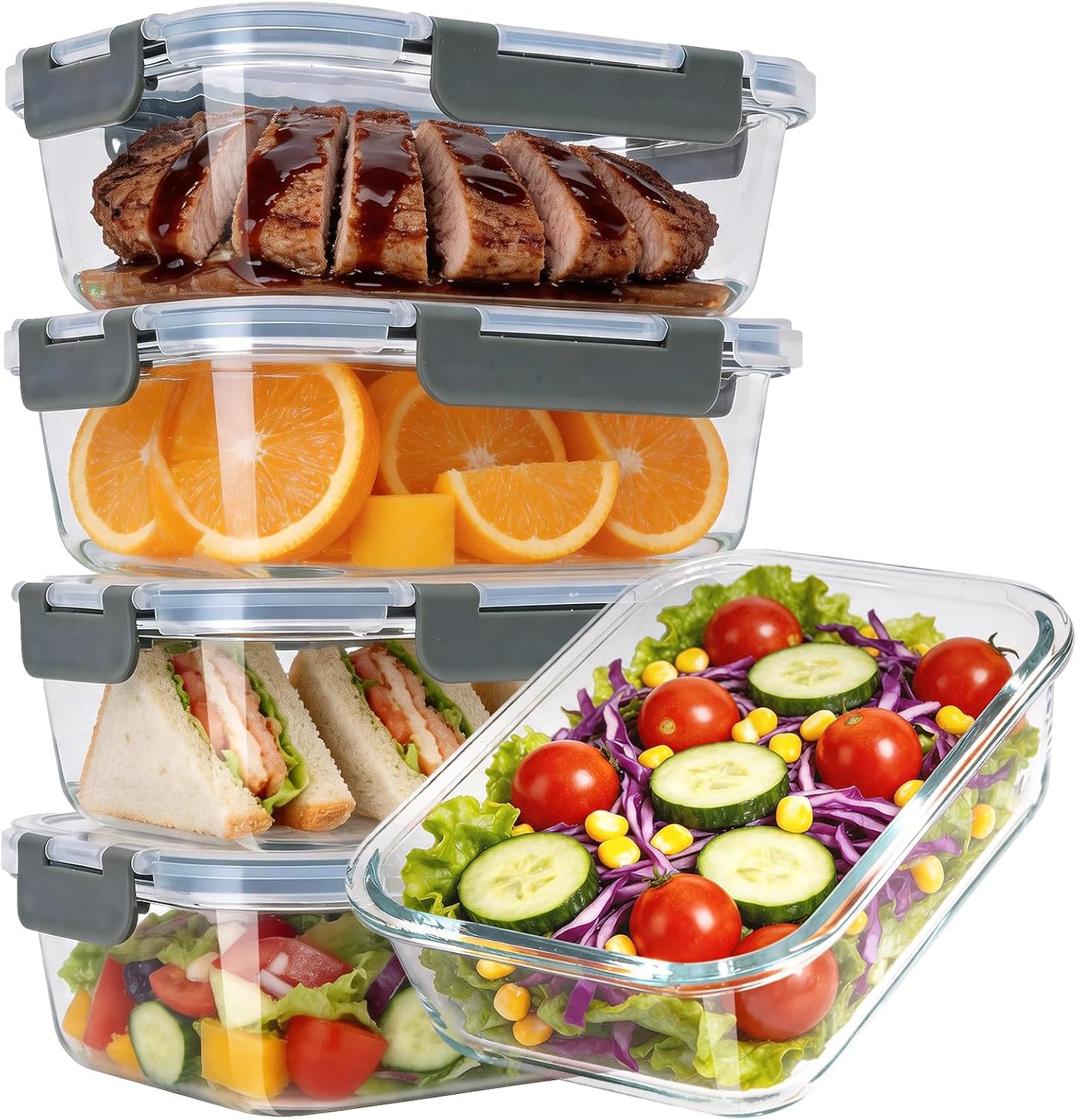 5-Pack 36oz Glass Food Storage Containers with Lids, Grey