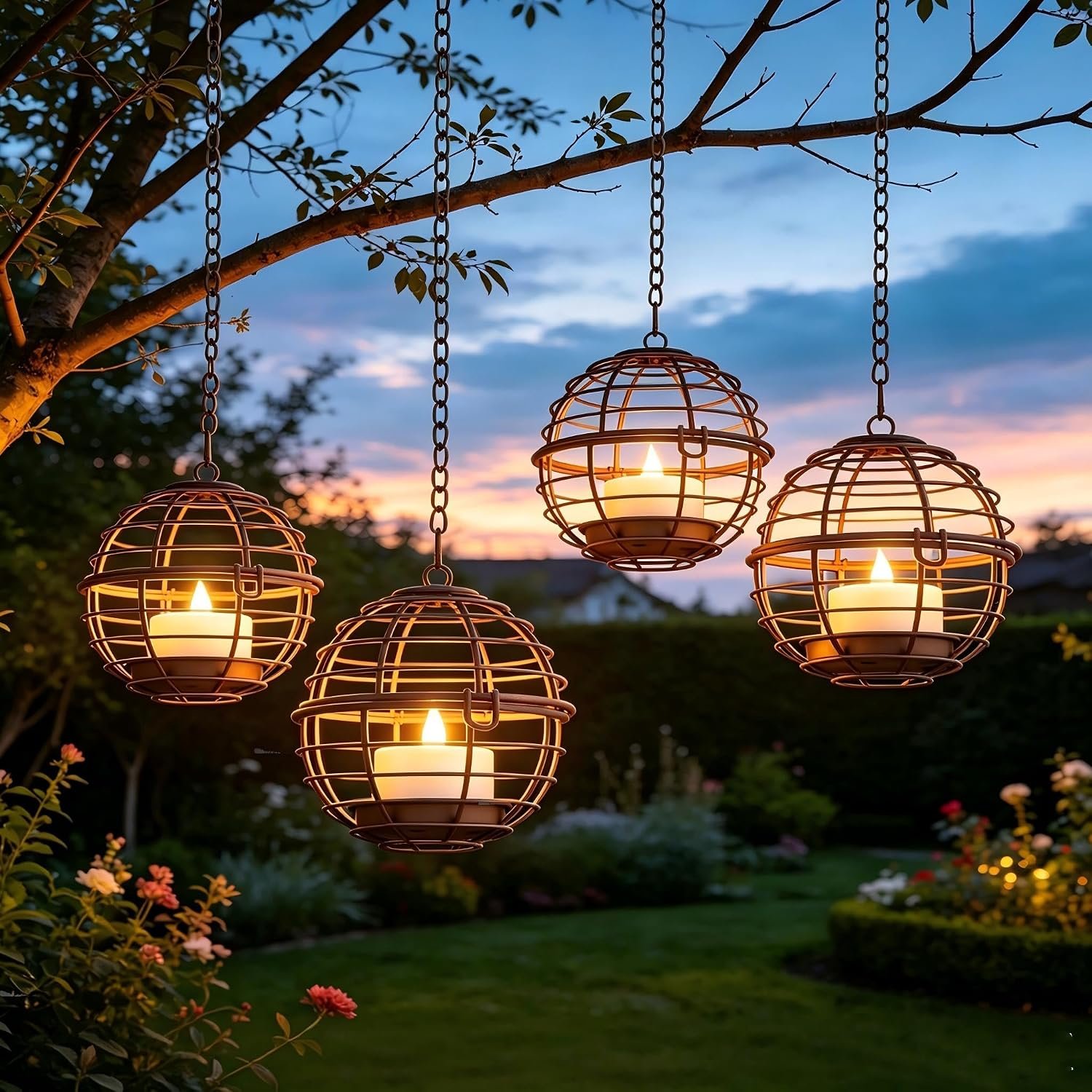 TWINKVILLA 4-Pack Solar Hanging Lanterns Outdoor Waterproof Amber Glow