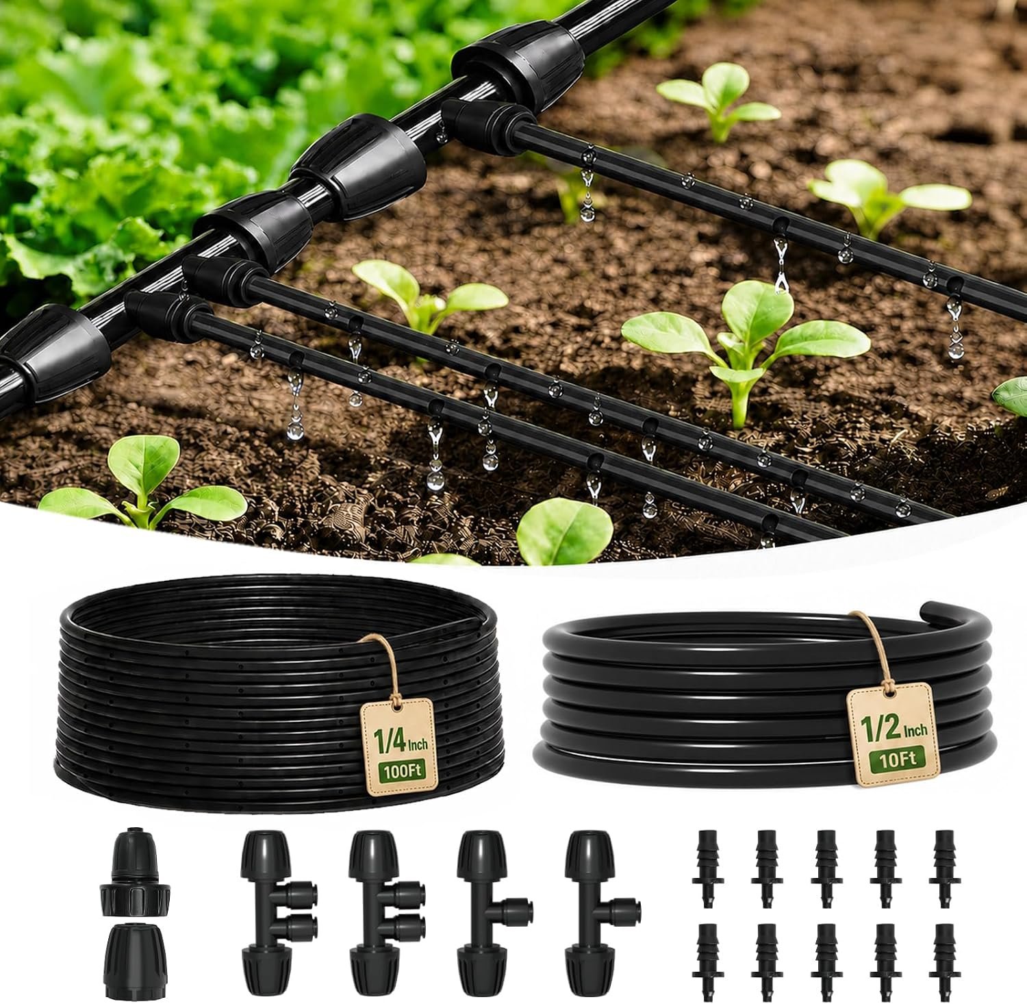 MIXC 1/4″ Irrigation Dripline Tubing Kit (100 Ft) with 10Ft 1/2″ Main Line