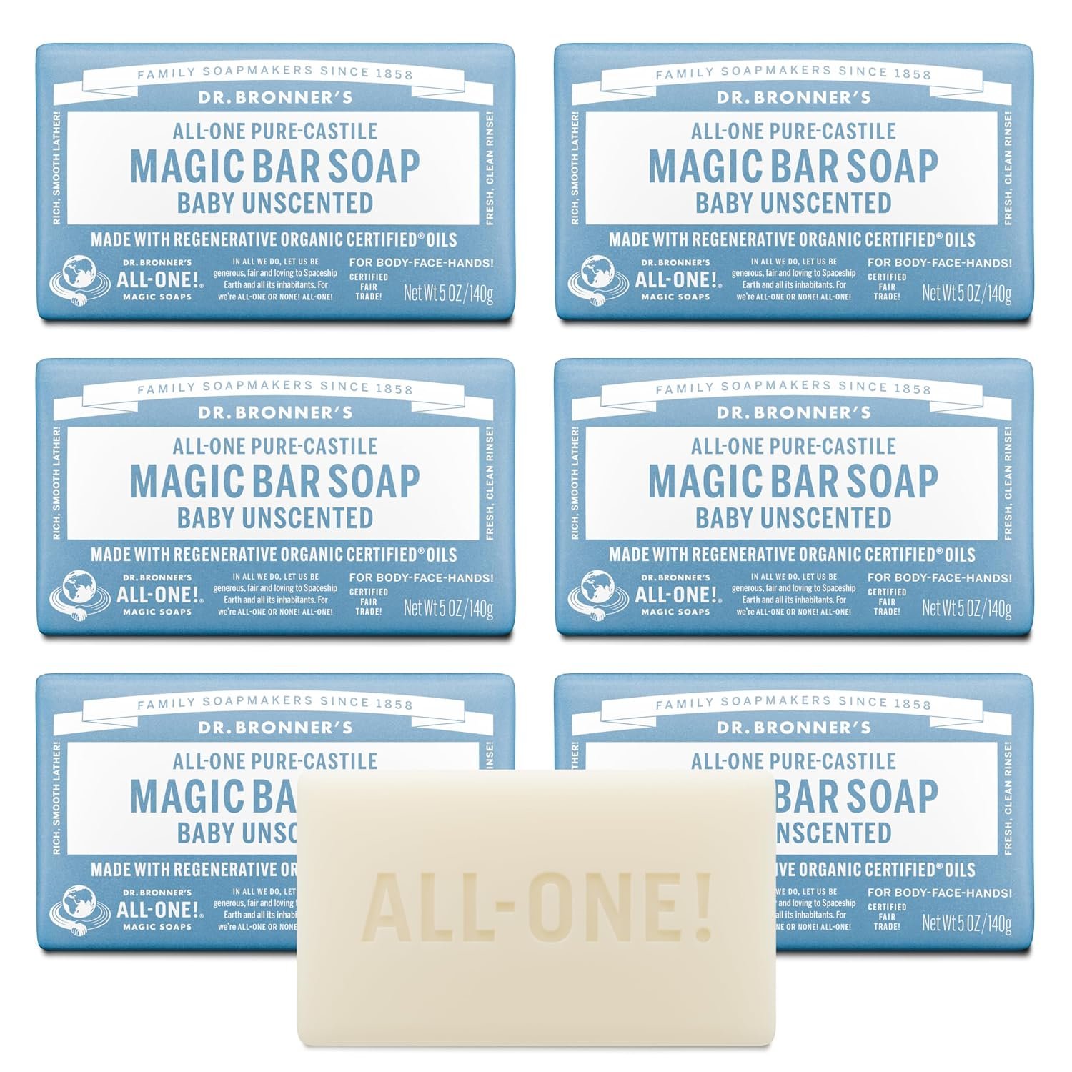 Dr. Bronner’s Pure-Castile Magic Bar Soap (Baby Unscented, 5 oz, 6-Pack) – Made with Regenerative Organic Certified Oils, For Face, Body & Hair, Gentle for Sensitive Skin – Vegan, Non-GMO