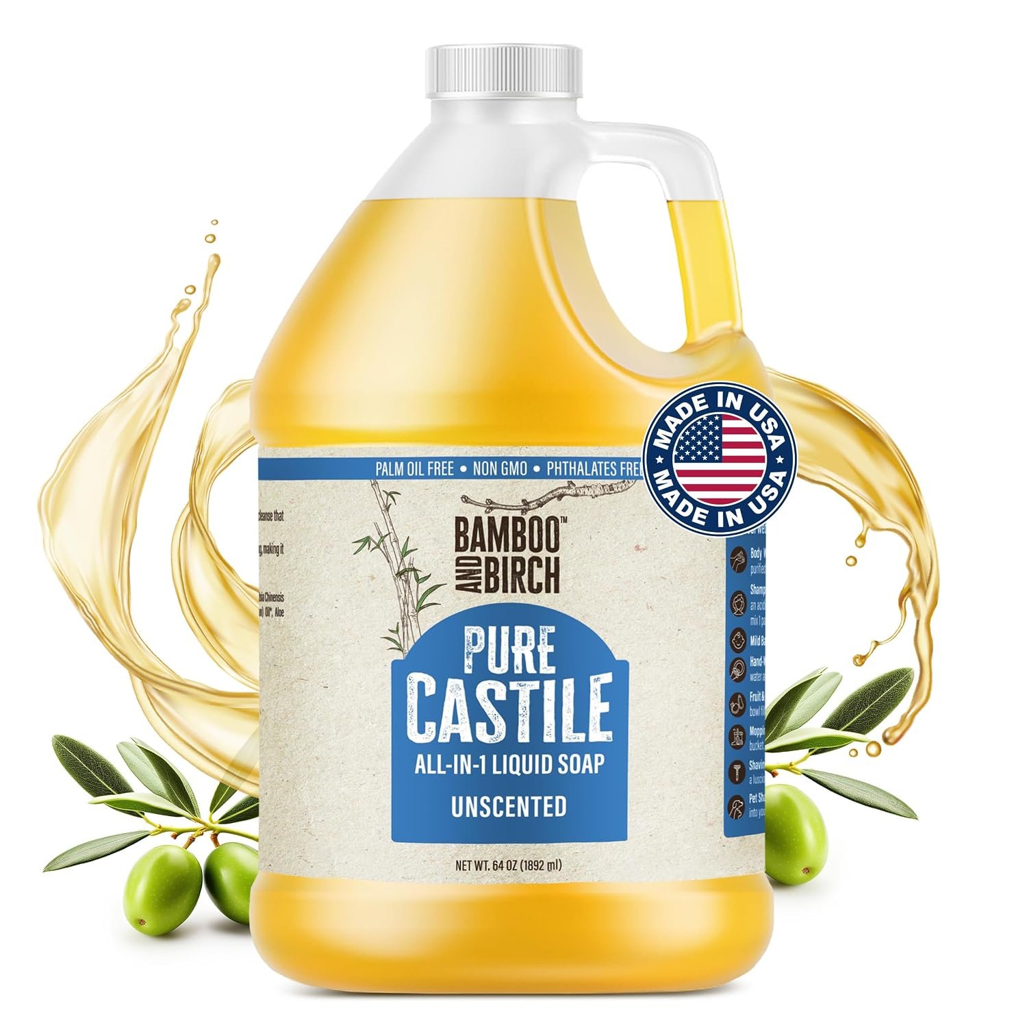 BAMBOO AND BIRCH Pure Castile Soap Liquid, Unscented, 64 oz