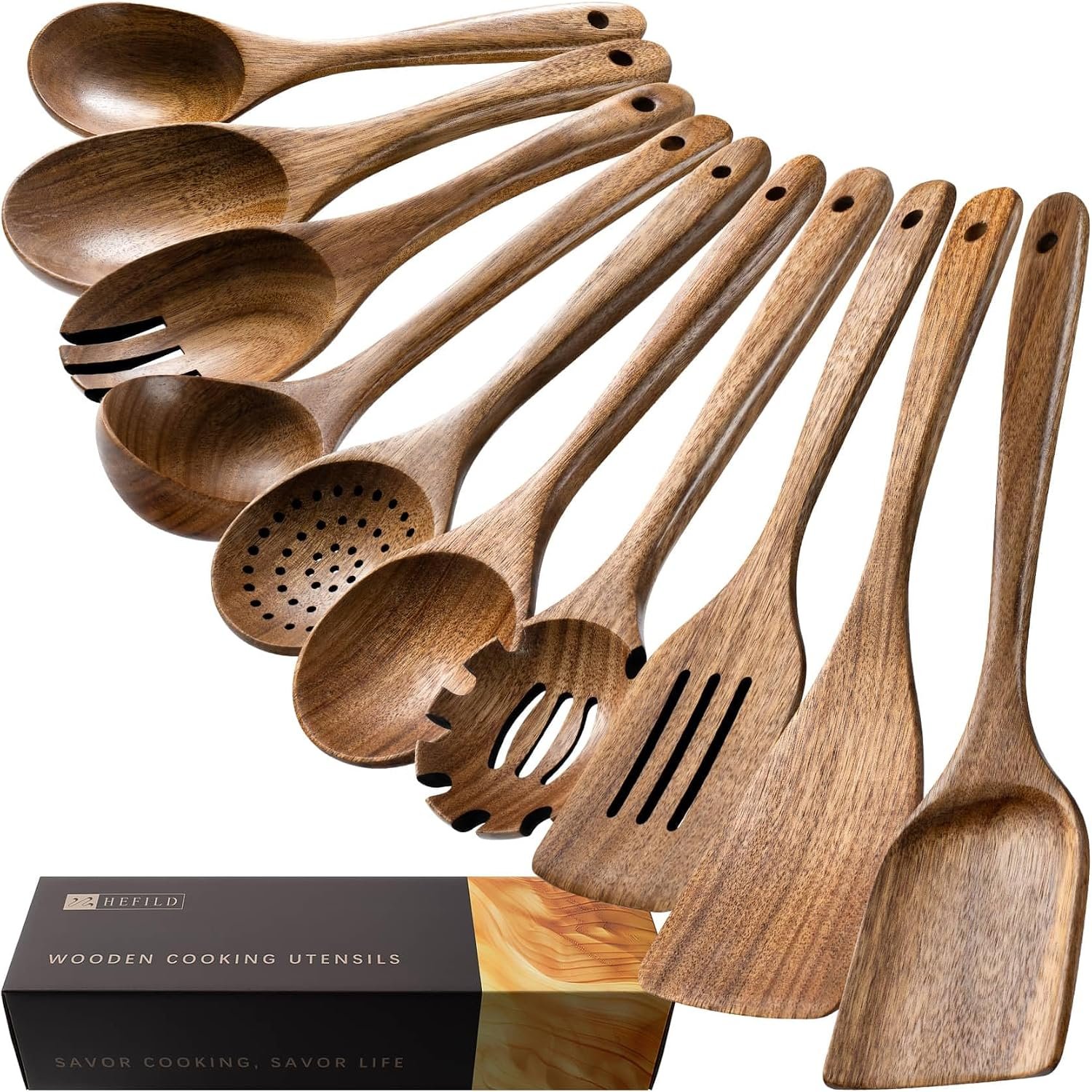 Wooden Spoons for Cooking, 10-Piece Acacia Wood Cooking Utensil Set