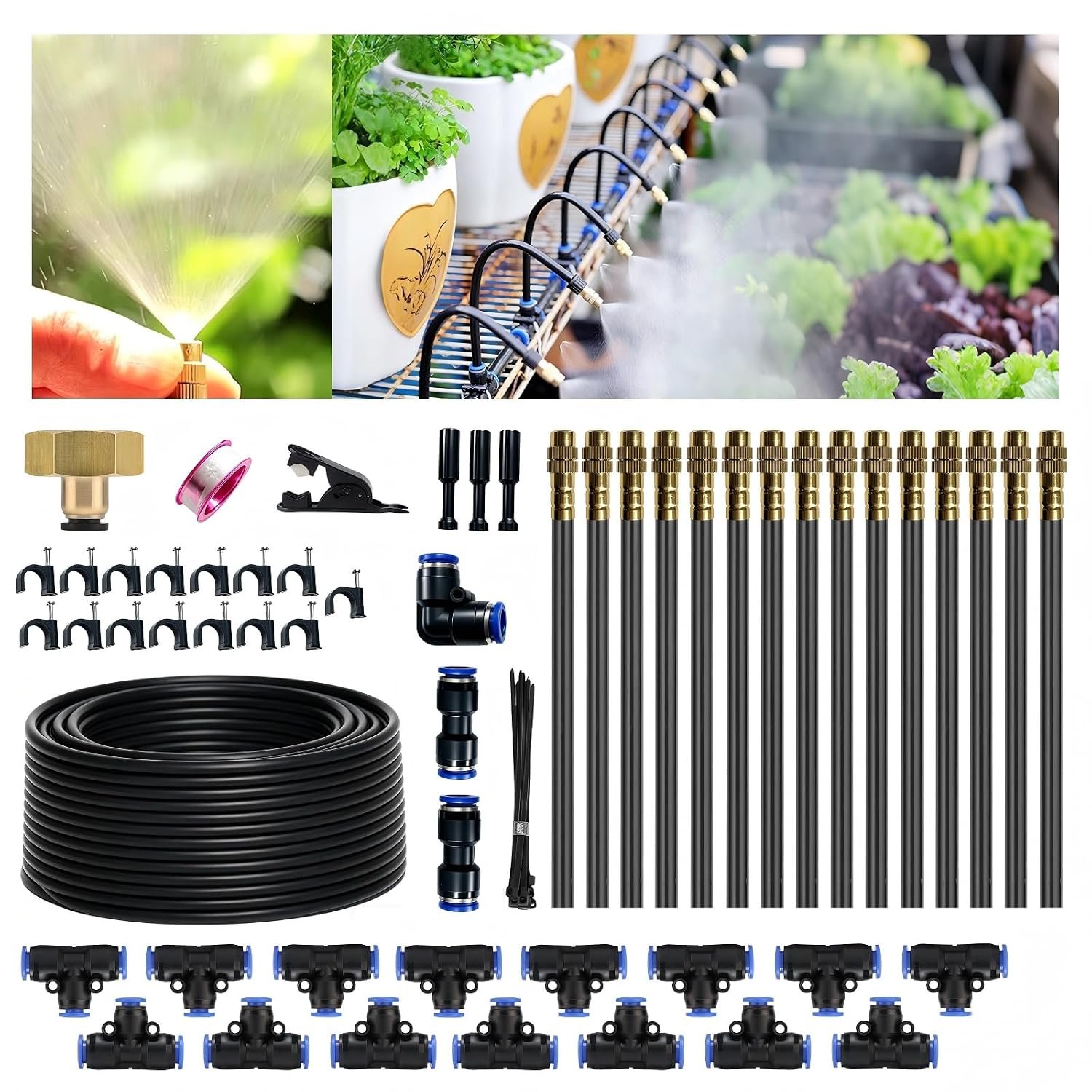 Drip Irrigation System, 2026-Upgrade 50Ft 1/4″ Watering Kit with 15 360° Adjustable Copper Nozzles & 3/4″ Copper Connector, DIY for Garden, Greenhouse, Pots, Raised Beds & Yard