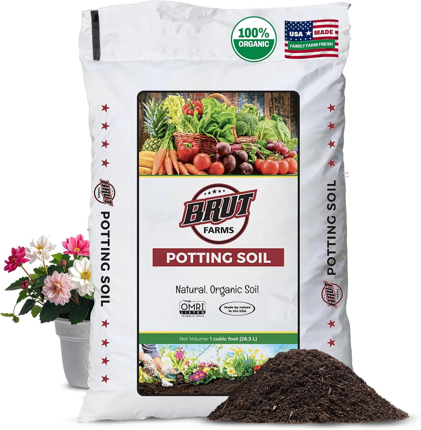 Brut Organic Potting Soil 1 CU FT – Premium Plant Soil with Organic Worm Castings, Trace Minerals & Perlite – Chemical-Free, Filler-Free – Ideal Potting Mix for Indoor & Outdoor Plants – Pack of 1