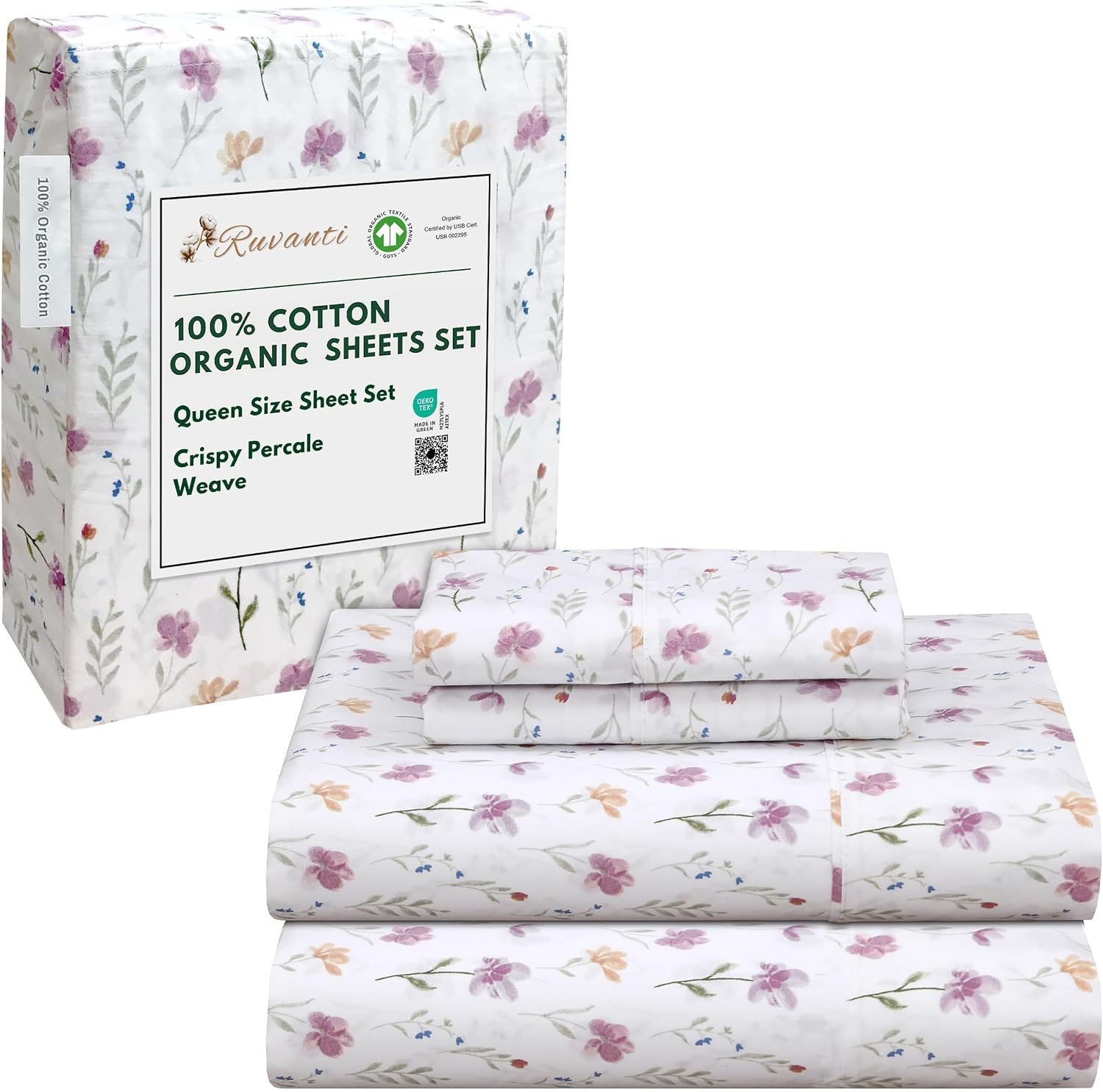 RUVANTI 100% Cotton Organic Percale Sheets, Queen Size, Obsessed Stems