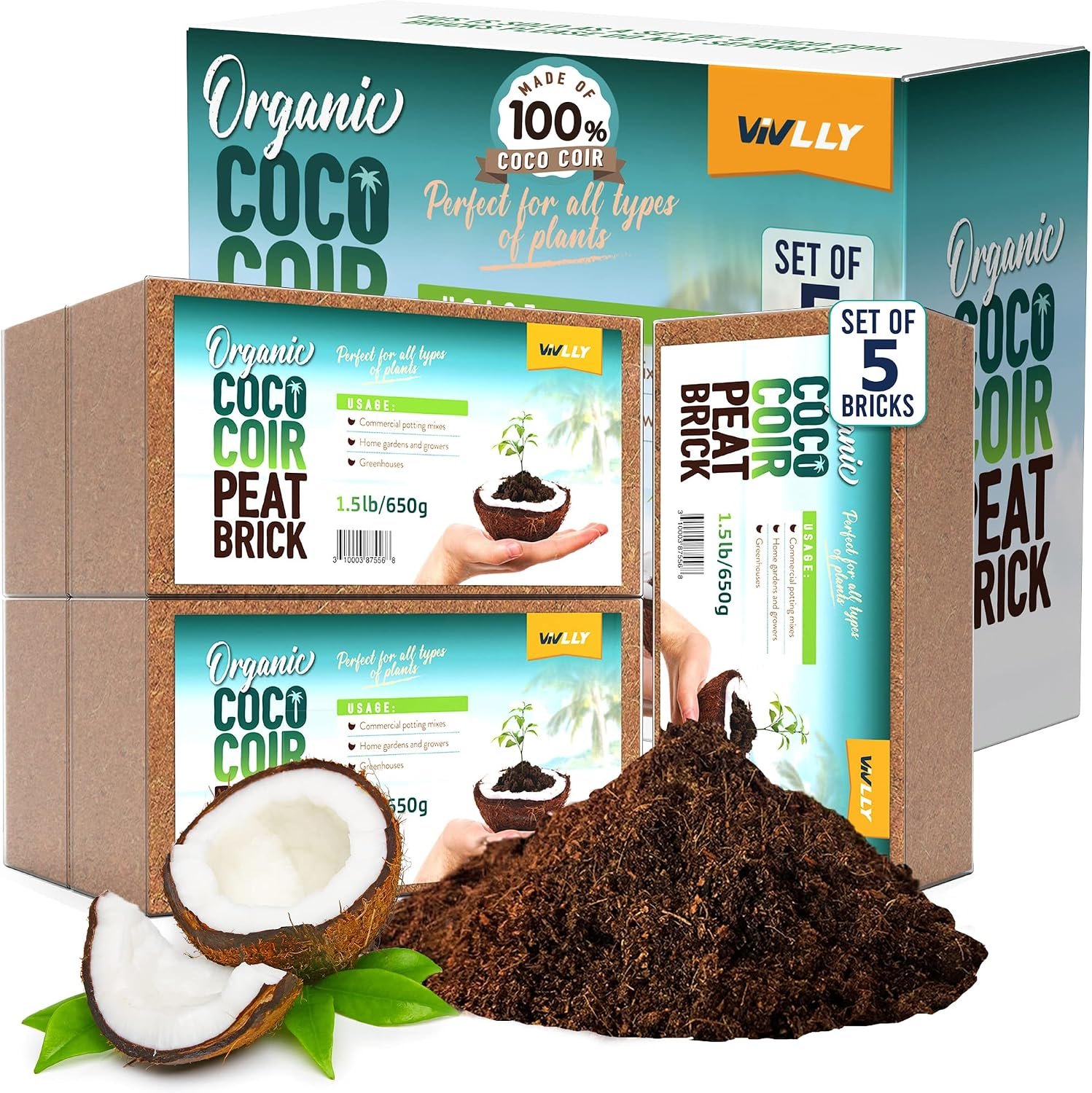 Compressed Coco Coir Bricks, Low EC & pH Balanced, High Expansion (5 Pack)