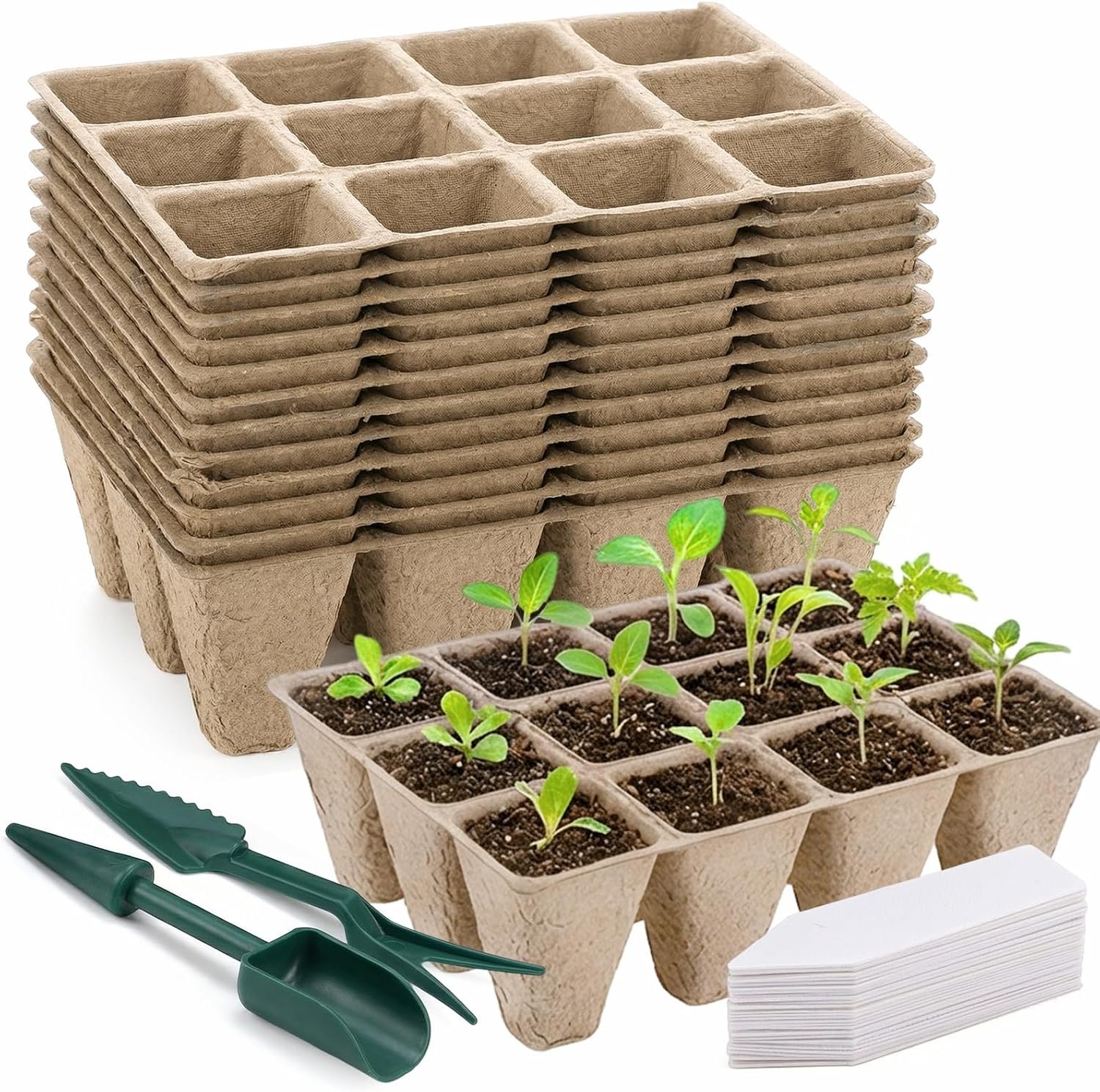Prudiut 144 Cells Seed Starter Tray, 12 Pack Biodegradable Peat Pots Kit