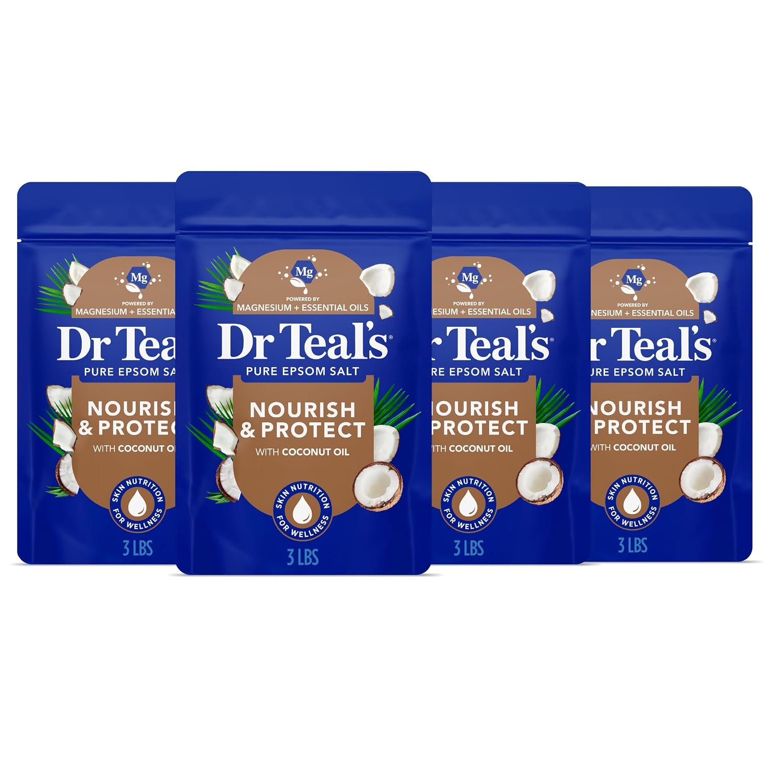 Dr Teal’s Epsom Salt Magnesium Soak, Nourish & Protect with Coconut Oil, 3 lbs (Pack of 4)