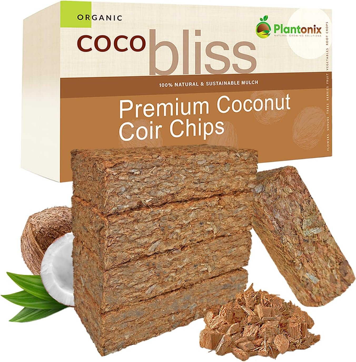 Coco Chips for Plants (650gm Bricks, 5-Pack) – Organic Coco Coir Chips – Coconut Husk Chips for Potting Soil, Garden Soil, & Seed Starter Soil – Coconut Mulch for Garden – Coconut Chips for Plants