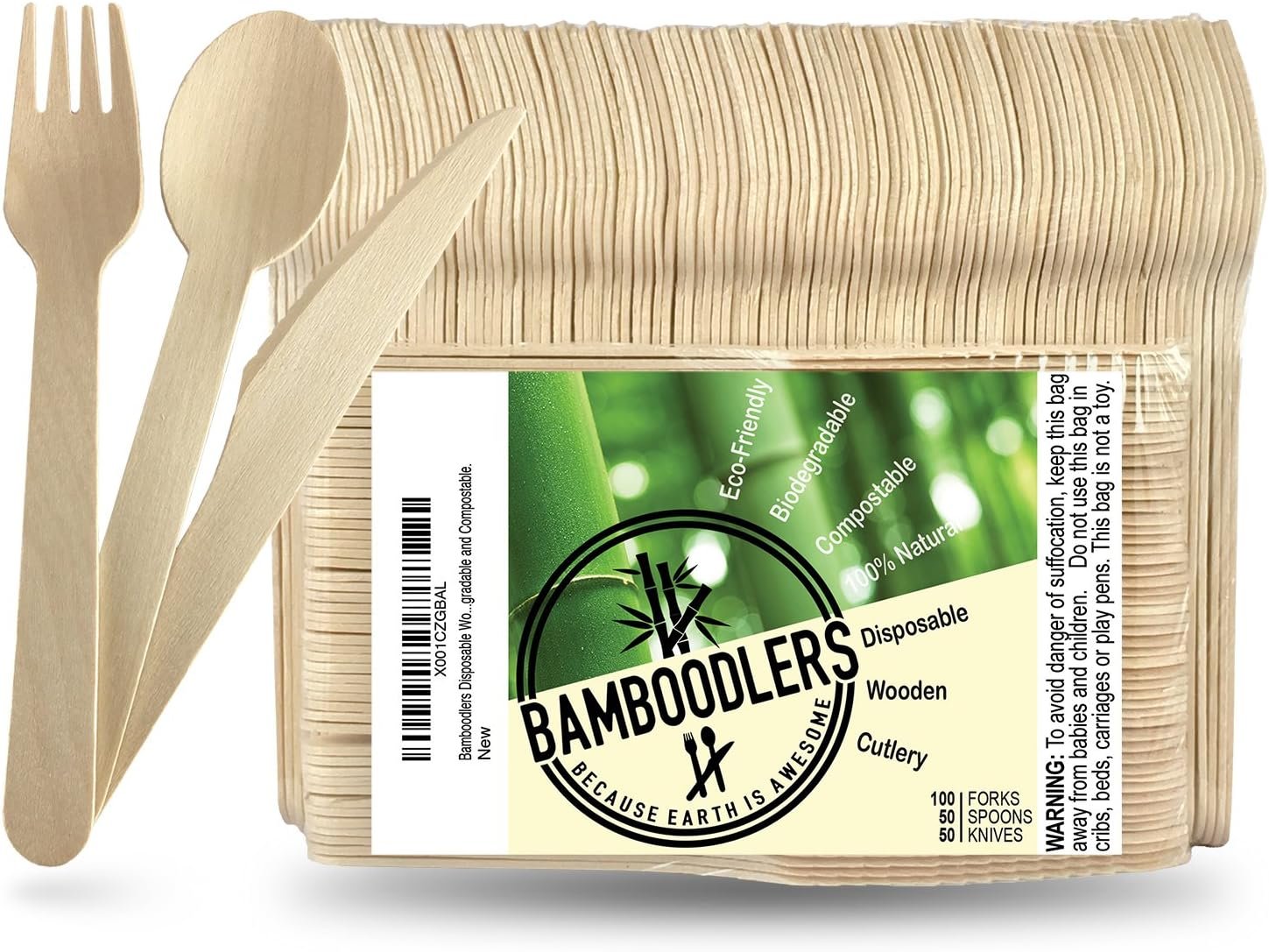 Disposable Wooden Cutlery Set | 100% All-Natural, Eco-Friendly, Biodegradable, and Compostable – Because Earth is Awesome! Pack of 200-6.5” utensils (100 forks, 50 spoons, 50 knives)