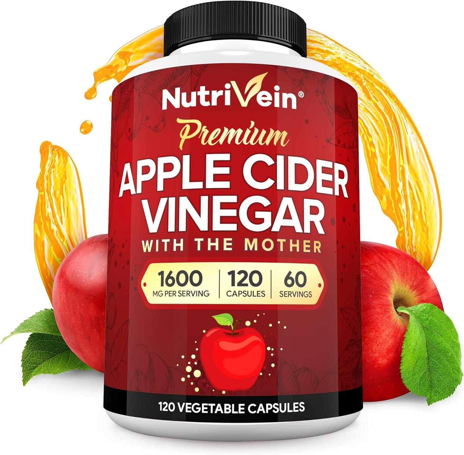Nutrivein Apple Cider Vinegar Supplement with Mother 1600 mg – 120 Capsules