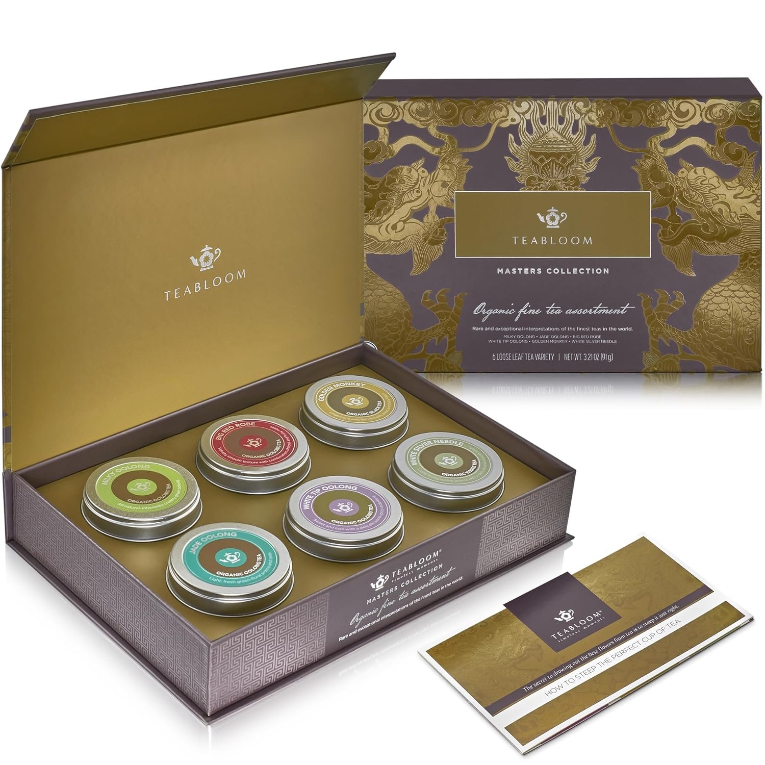 Teabloom Masters Collection – Six Rare Single-Origin Organic Loose Leaf Teas – Milky Oolong, White Silver Needle, Big Red Robe, Golden Monkey, Jade and White Tip Oolong