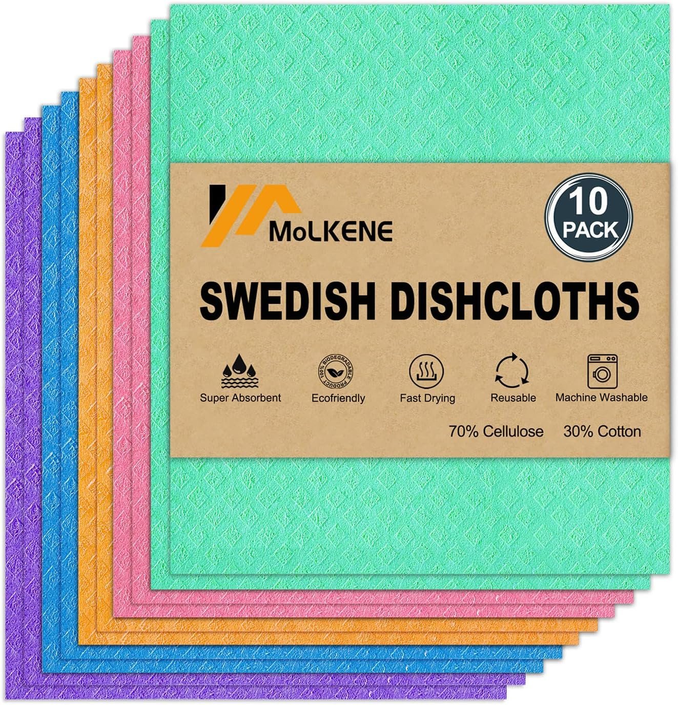 MoLKENE Swedish Dishcloths for Kitchen, 10 Pack, Assorted Colors
