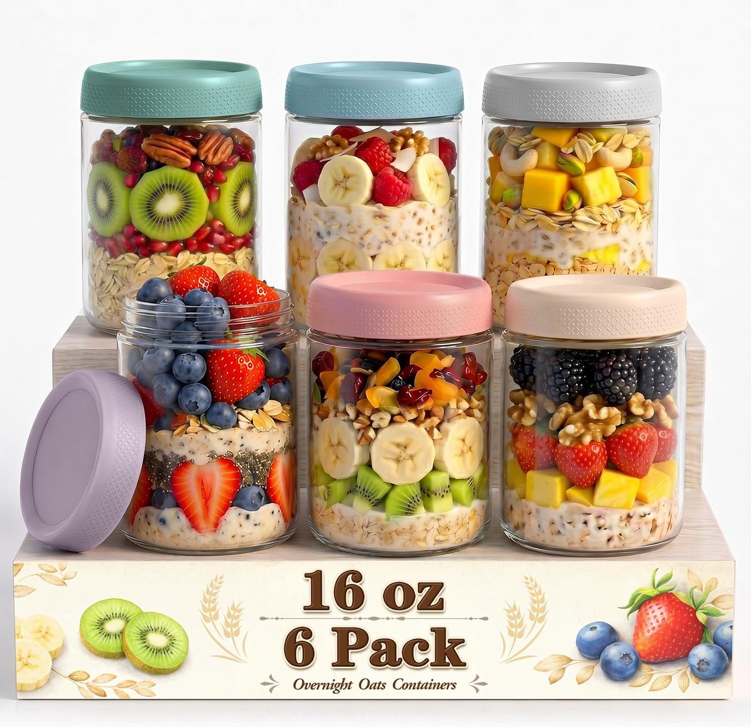 Mason Jars, 16 oz Overnight Oats Containers with Lids, Glass Jar with Lid