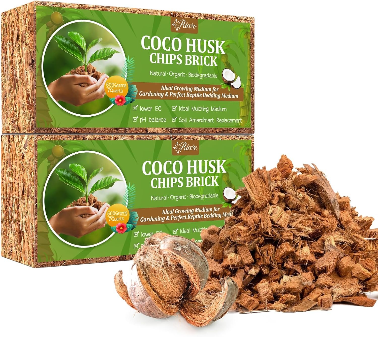 Riare 2 Pack Organic Coco Coir Chips for Plants, 2.2 lb Coconut Husk Bricks