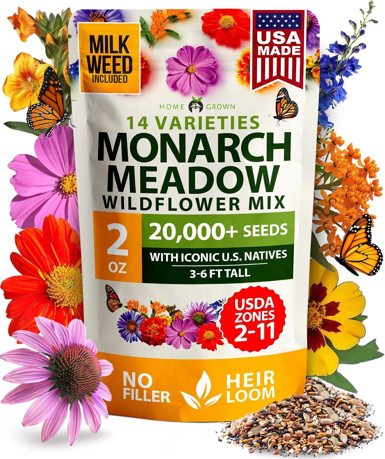 HOME GROWN Monarch Butterfly Wildflower Mix Seeds, 20,000+ Seeds, 2 oz