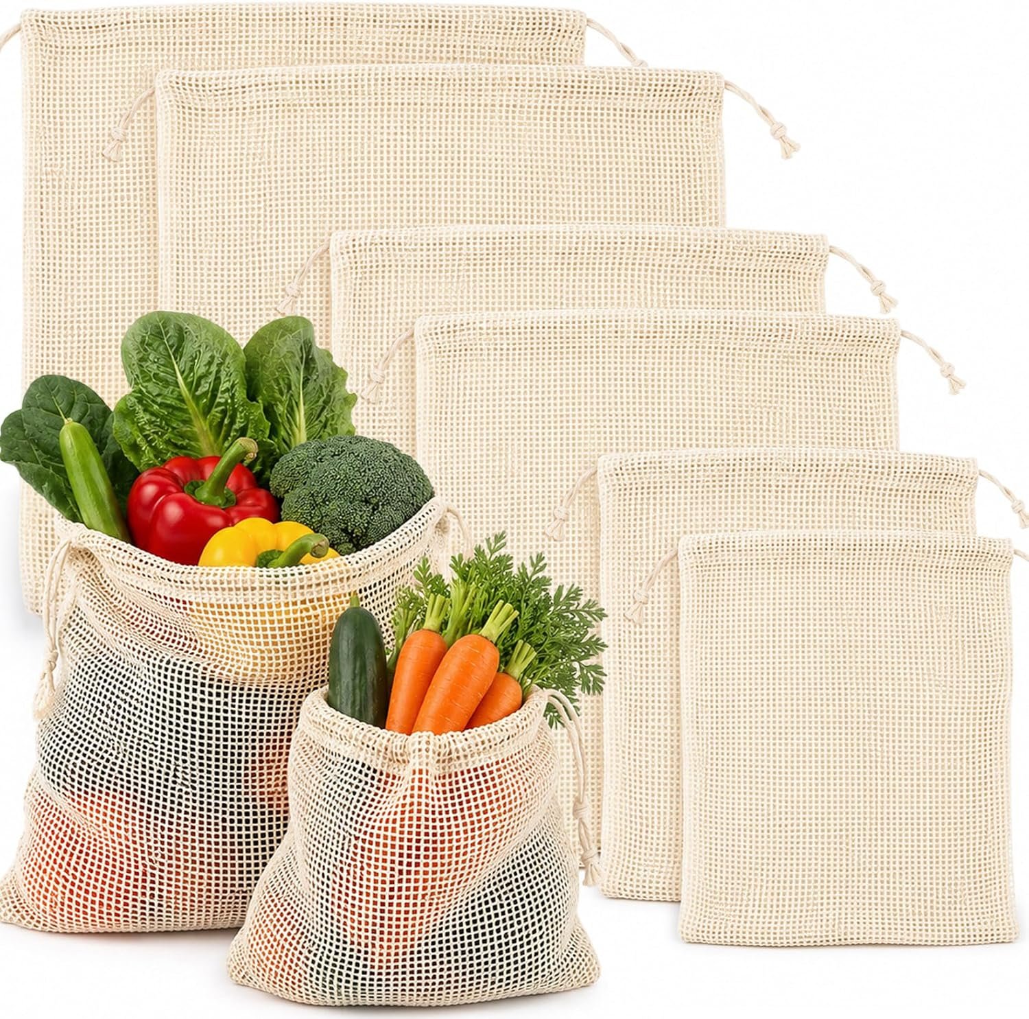 MAQIHAN Reusable Cotton Mesh Produce Bags – 6 Pack Mesh Storage Produce Bag