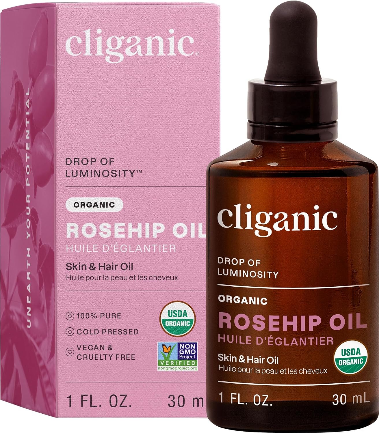 Cliganic Organic Rosehip Seed Oil for Face, 100% Natural Cold Pressed, 1oz