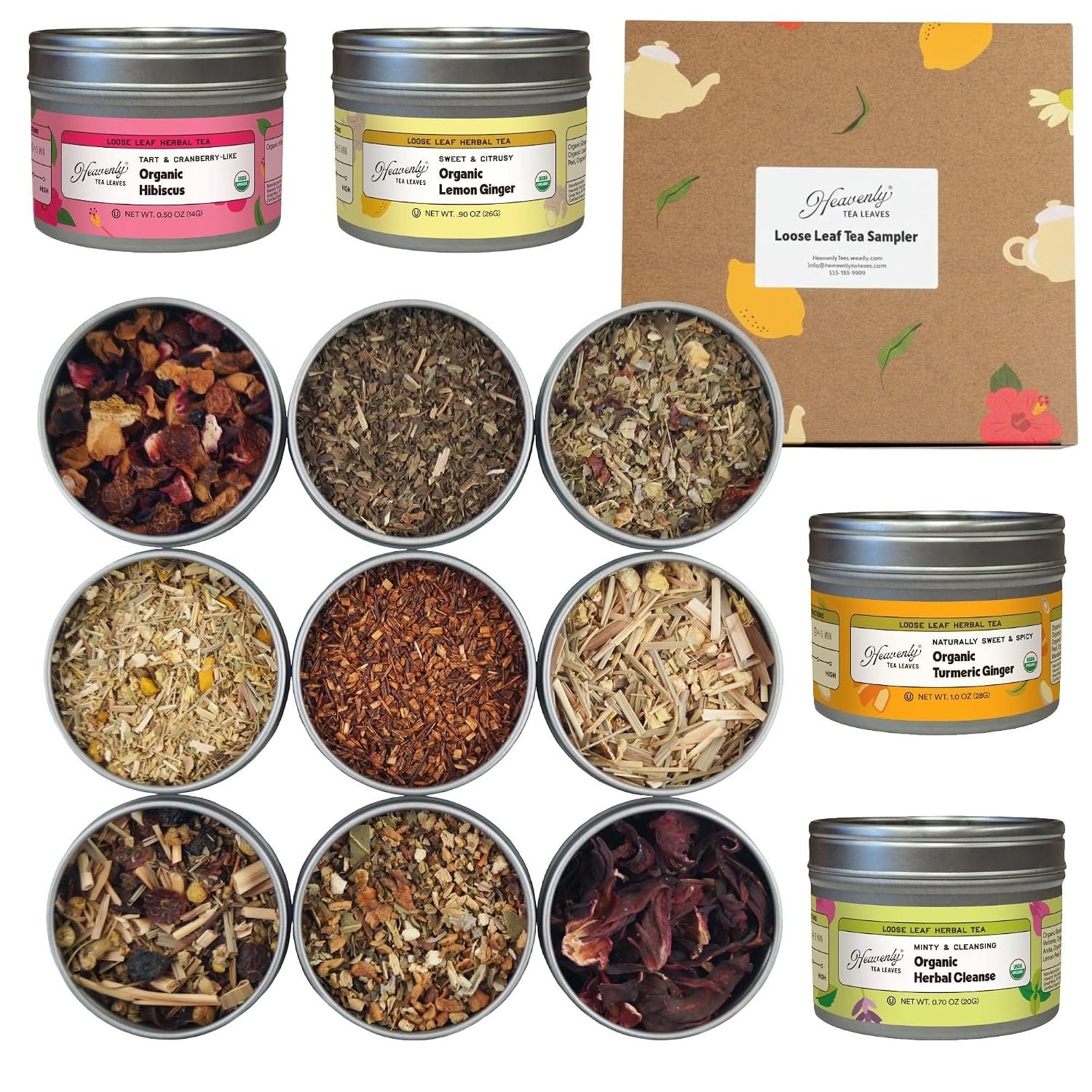 Heavenly Tea Leaves Organic Herbal Tea Sampler Gift, 9 Loose Leaf Varieties