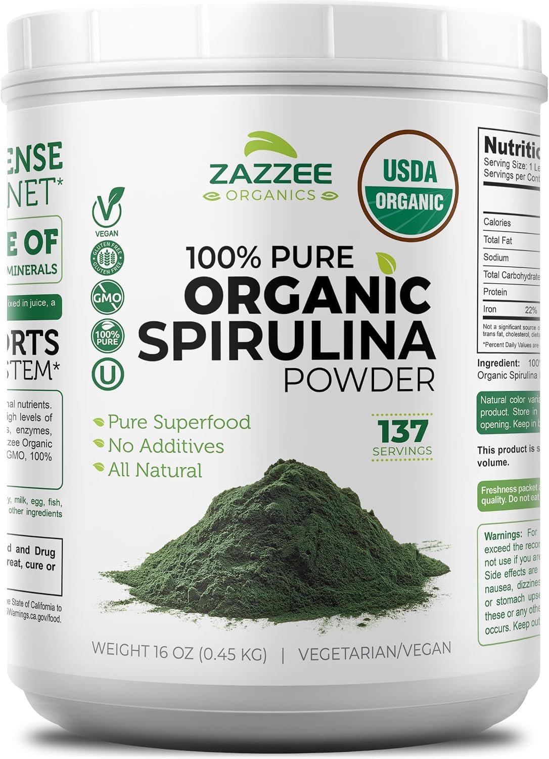 Zazzee USDA Organic Spirulina Powder, 16 Ounces, 137 Servings, 100% Pure