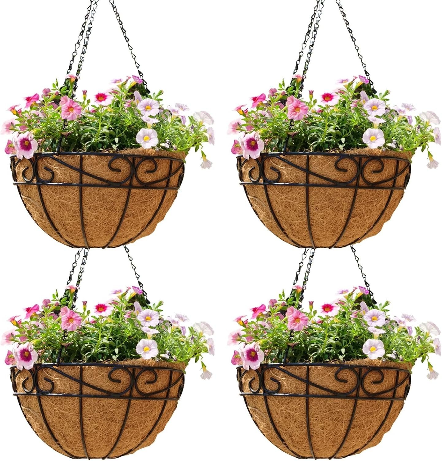 EIMQUVW Outdoor Metal Hanging Planters Basket (4pack, 12 inch) Hanging Baskets for Plants Chain Round Wire Plant Holder with Coco Fiber Liners for Garden, Patio, Deck, Porch(Flower Border)