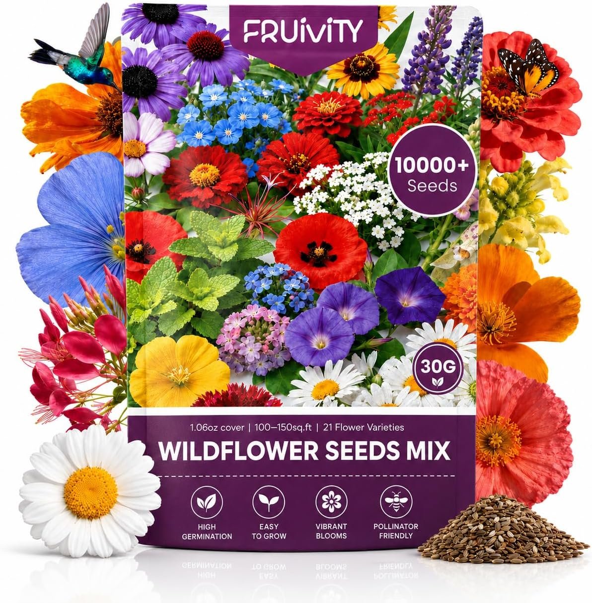 Wildflower Seeds Bulk 10000+, 1.06oz Butterfly Hummingbird Mix, 21 Variety Perennial Annual Mix, Heirloom Flower Seeds for Planting Outdoor Indoor, High Germination Rate Garden Seeds