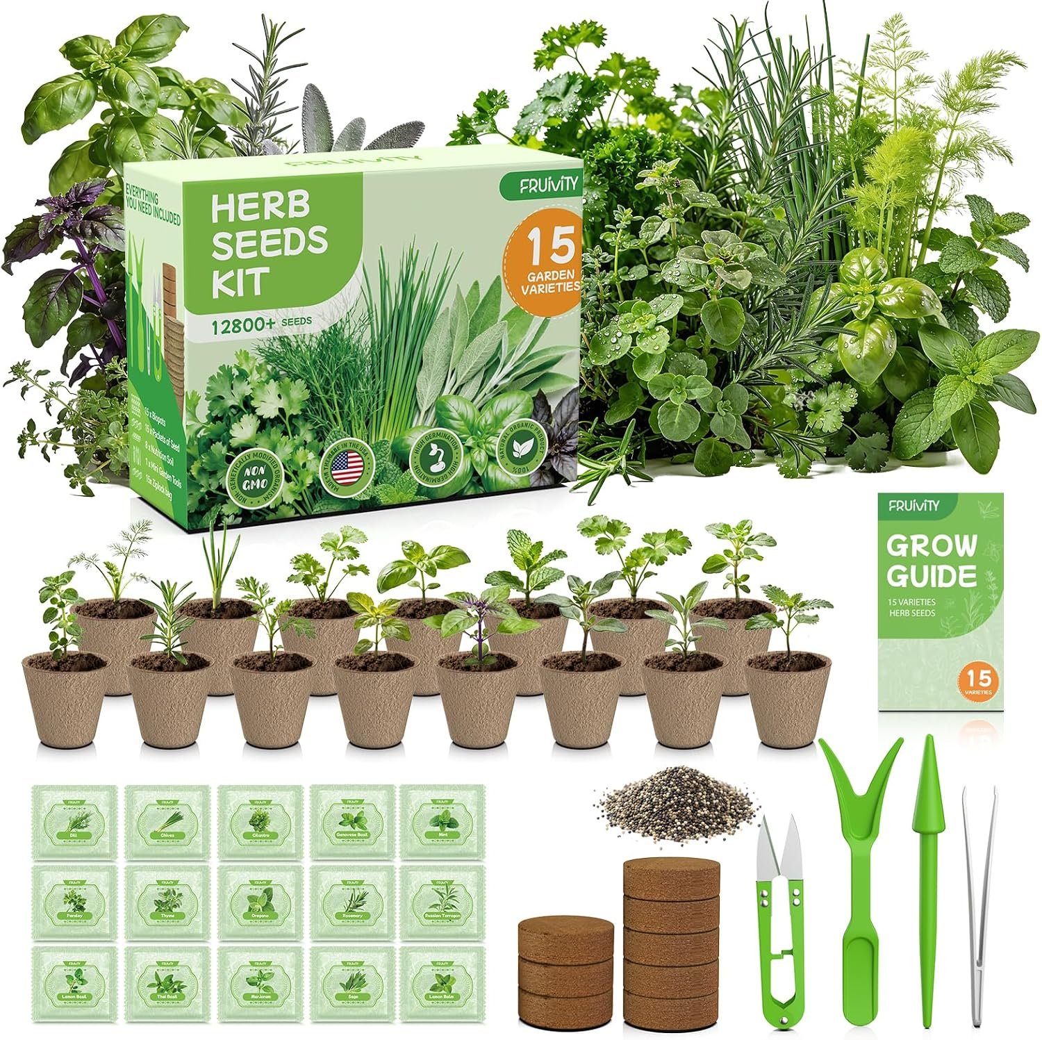 Herb Garden Starter Kit – Fruivity 12800+ 15 in 1 Herb Heirloom Seed Kits for Indoor/Outdoor Planting | Herb Indoor Garden Kit Starter – Complete Herb Garden Starter Set with Gift Packaging for Family