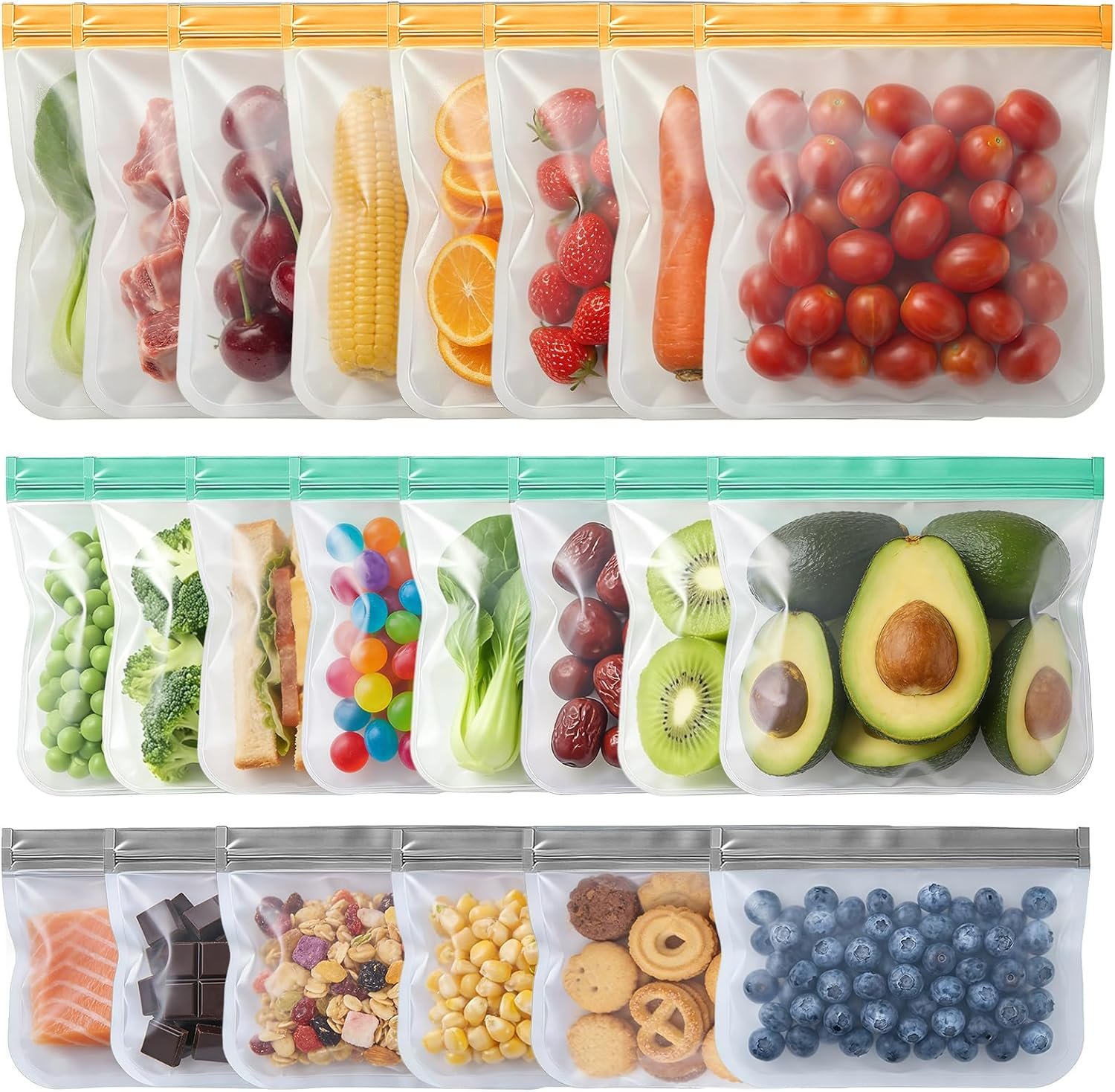20 Pack Reusable Freezer Bags, Leakproof Reusable Silicone Food Storage Bags BPA Free Contaizers, Snack Sandwich Gallon Bags for Meal Prep, Marinate Meat, Salad Fruit, Veggies, Lunch, Travel, Kitchen