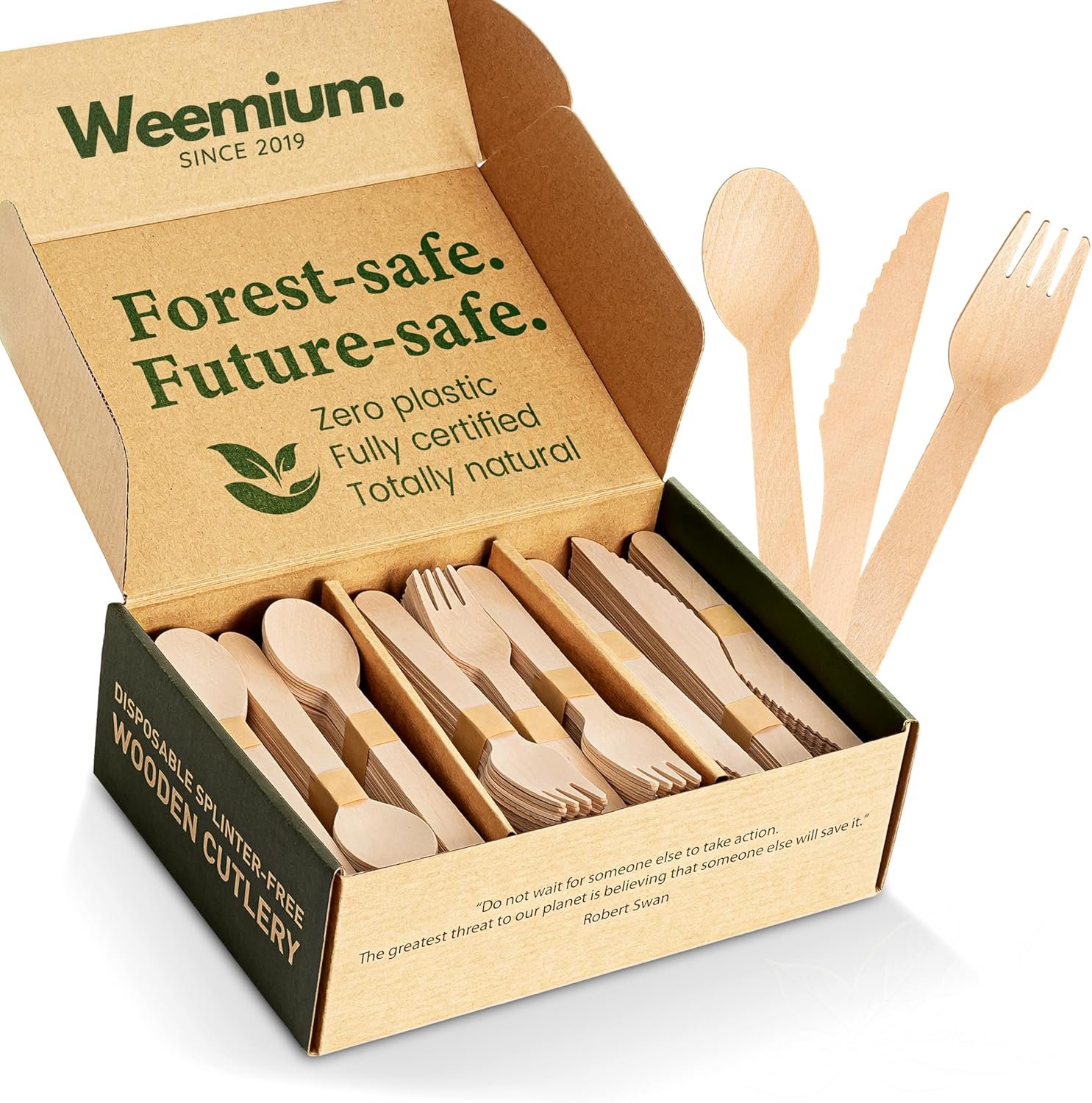Weemium Disposable Wooden Cutlery Set – 300 Count (100 Forks, 100 Knives, 100 Spoons) – Plastic-free Packaging – Biodegradable Silverware and Splinter-free Compostable Utensils for Parties