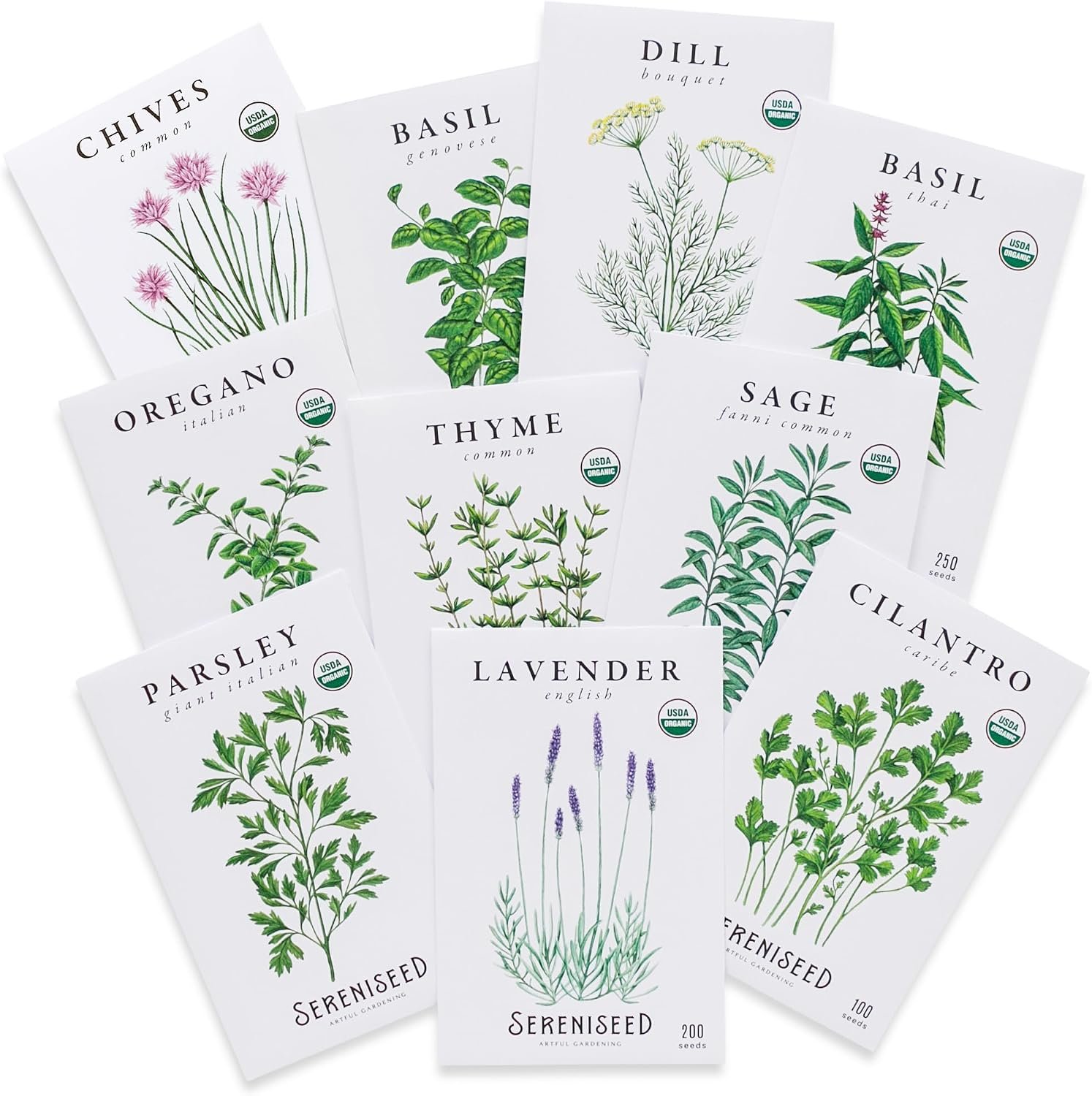 Sereniseed Certified Organic Herb Seeds 10-Pack | Non-GMO Heirloom Variety for Indoor Outdoor Culinary Gardening Gift Kit