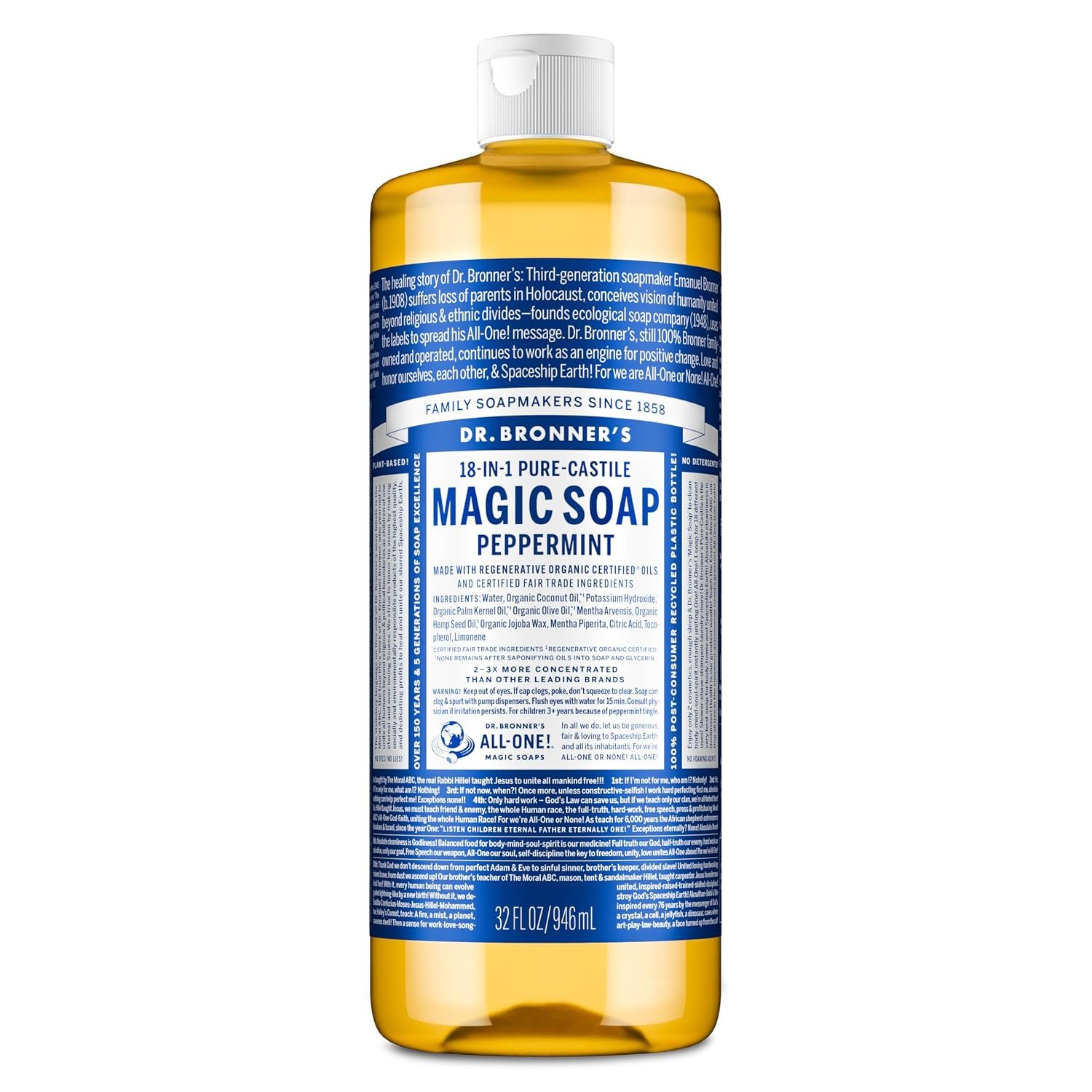 Dr. Bronner’s Peppermint Pure-Castile Liquid Soap, Hand Soap, 32 oz