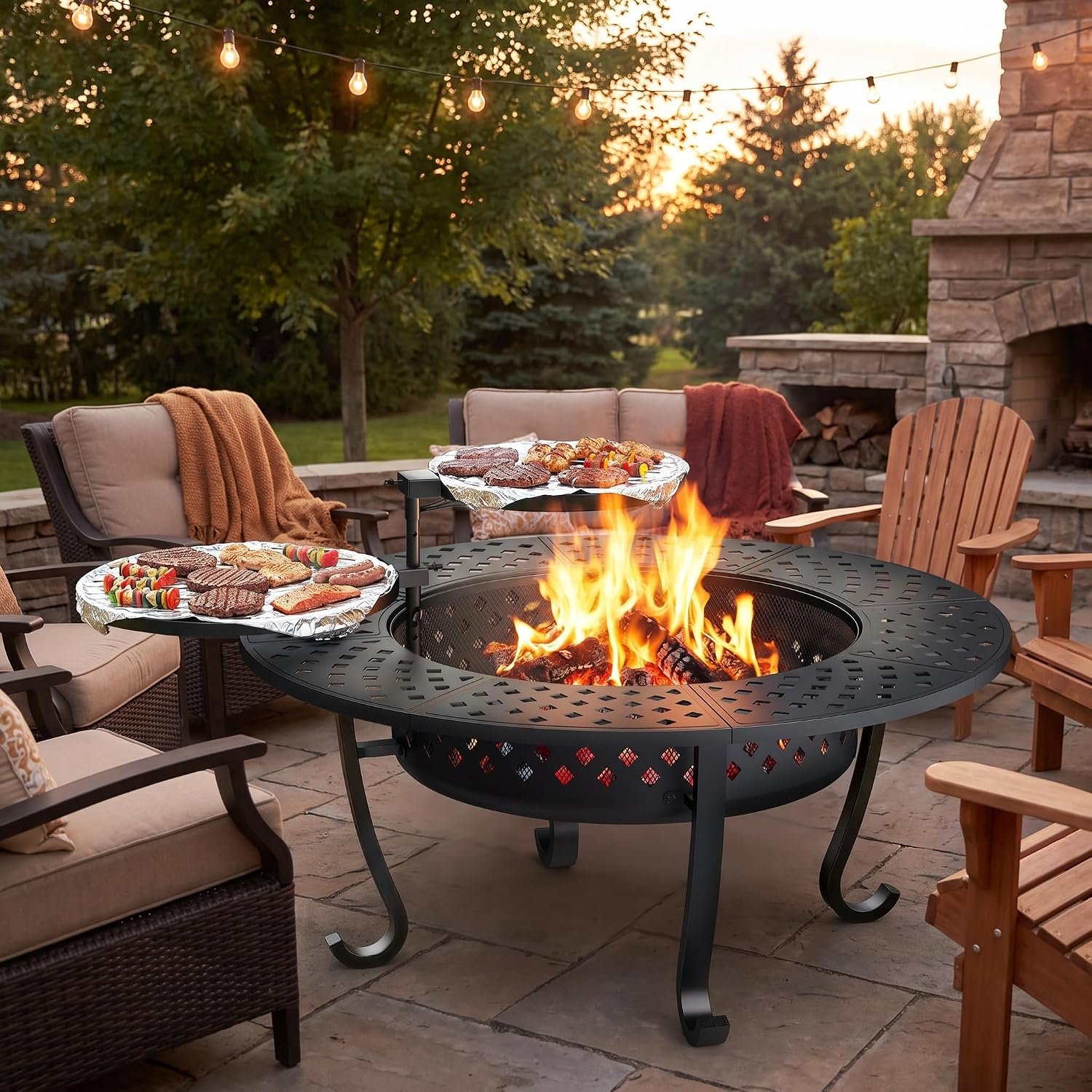 43″ Fire Pit, 3 in 1 Firepit with Adjustable 2 Grills for Patio, Party