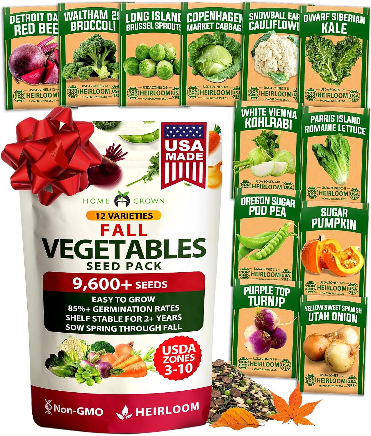 HOME GROWN 12 Fall Vegetable Seeds 9600+ Heirloom Non-GMO, High Germination, Cold Hardy Frost Tolerant Cool Season Garden, Beets, Kale, Cabbage, Peas, Broccoli, Lettuce, Onions (12 Varieties)