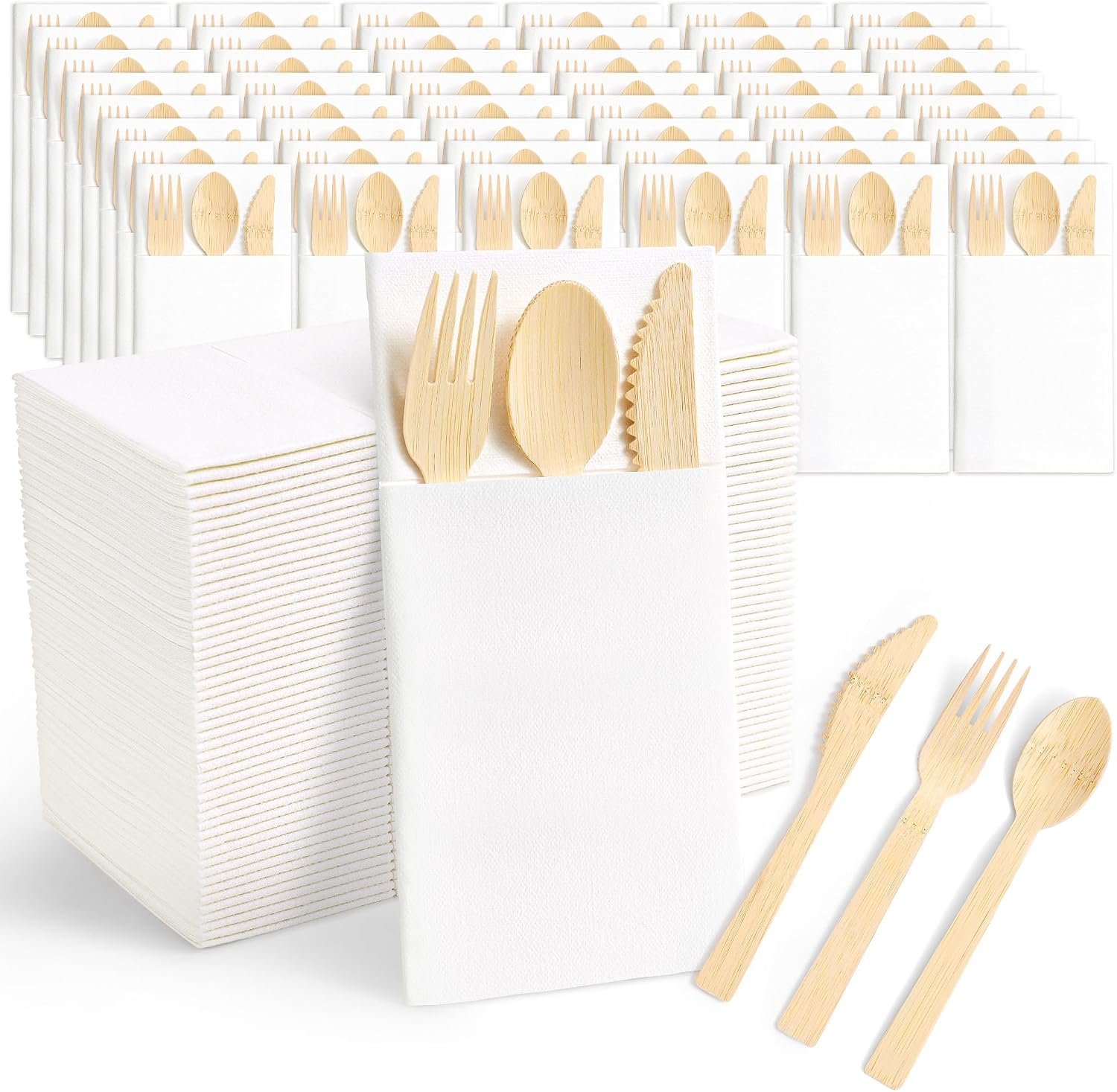 Bamboo Cutlery Set, Compostable Utensils with Napkins