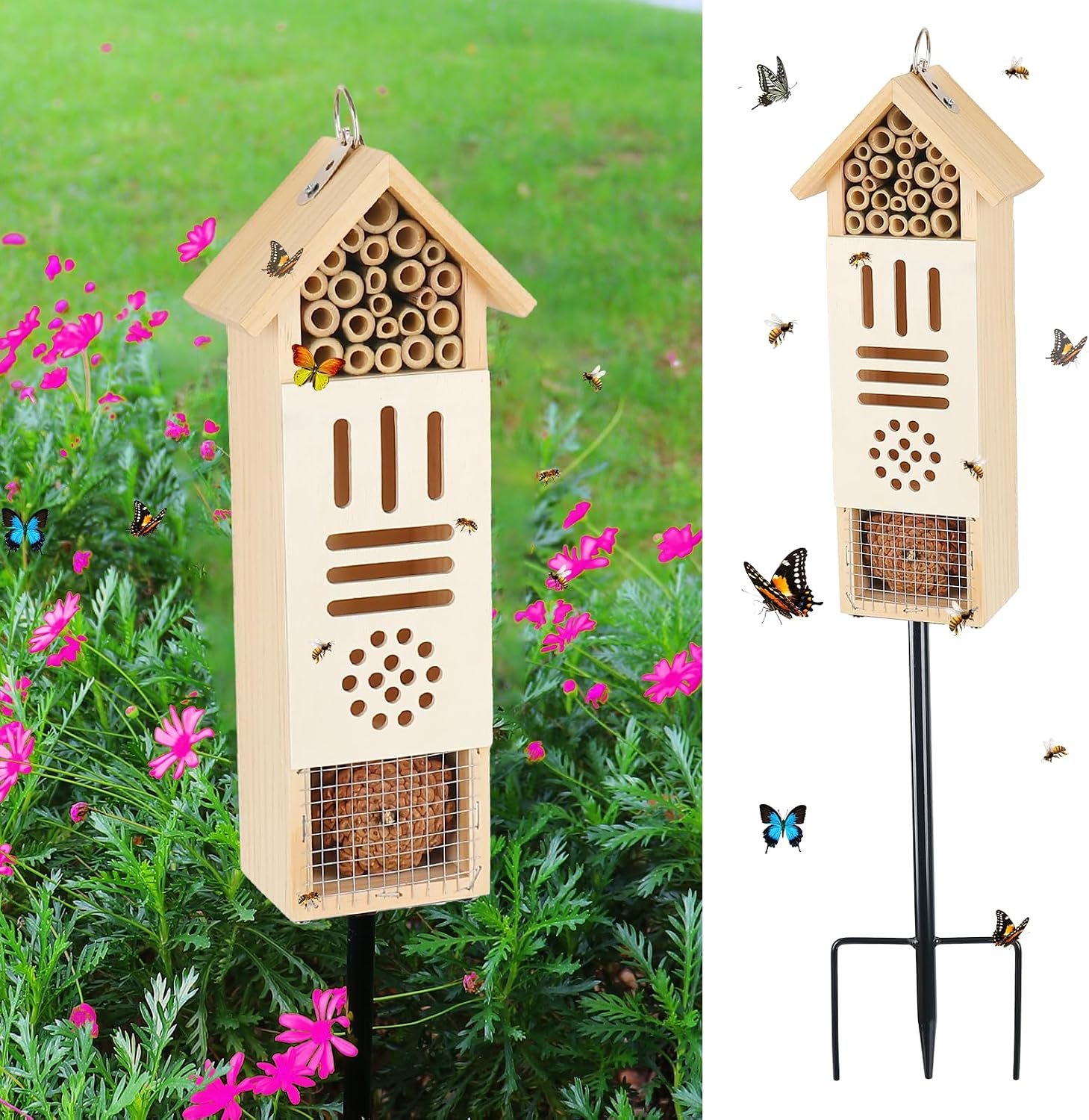 Wooden Insect House, Bee House with Metal Stake for Garden, Natural Ladbugs Habitat & Butterfly Hotel on The Ground or Hanging on Tree Wall (Pine, 3.34” x 2.56” x 11.8”, 11.8” H Stake)