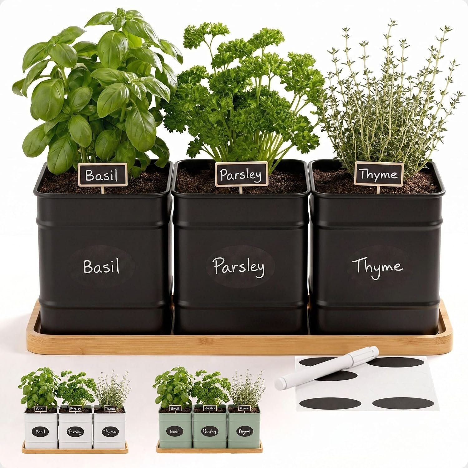 Herb Planter Indoor, 3-pc Herb Pots w/ Drainage Holes, Bamboo Tray & Labels