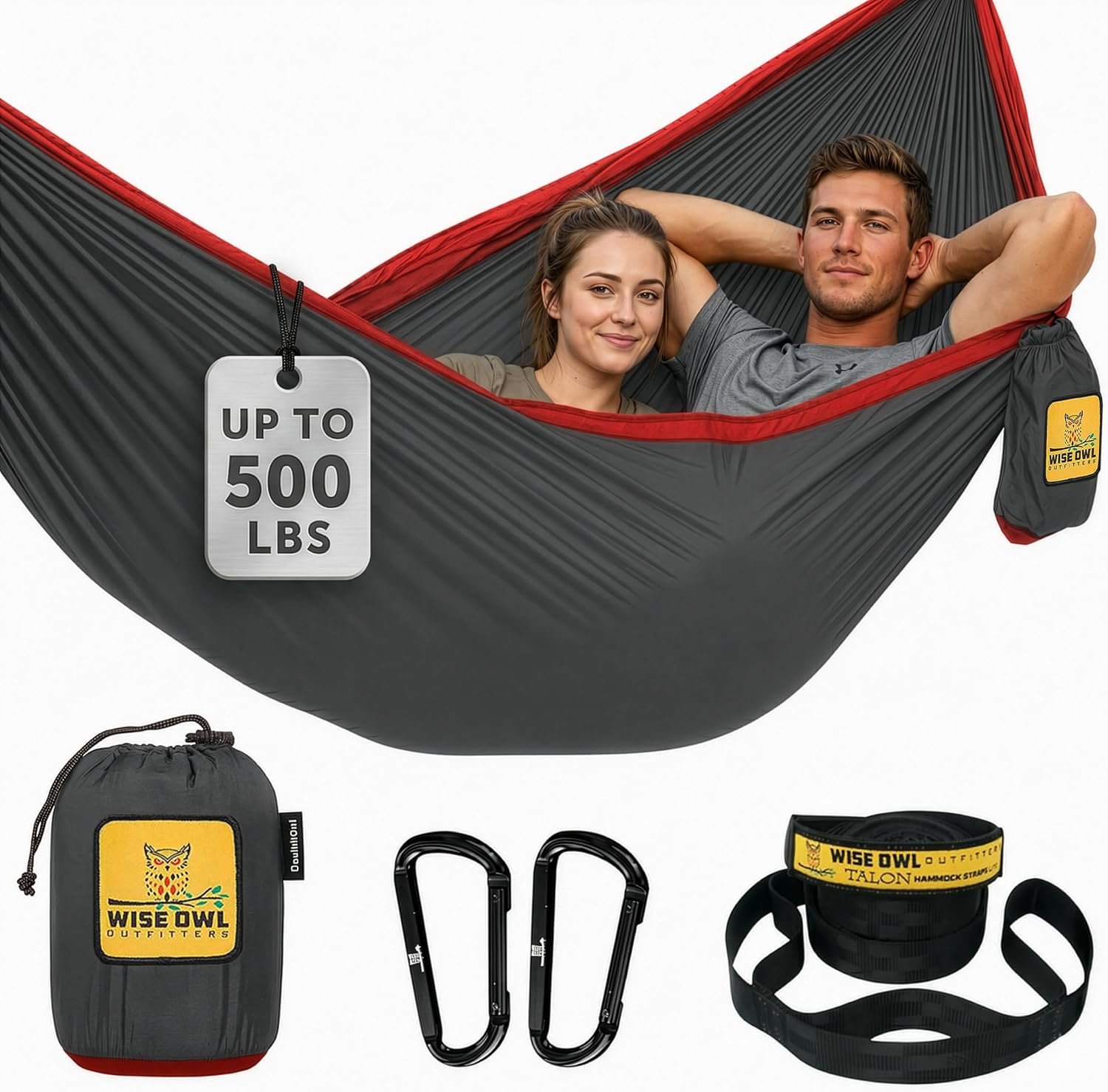 Wise Owl Outfitters Hammock for Camping Double Hammocks Gear for The Outdoors Backpacking Survival or Travel – Portable Lightweight Parachute Nylon DO Charcoal & Red