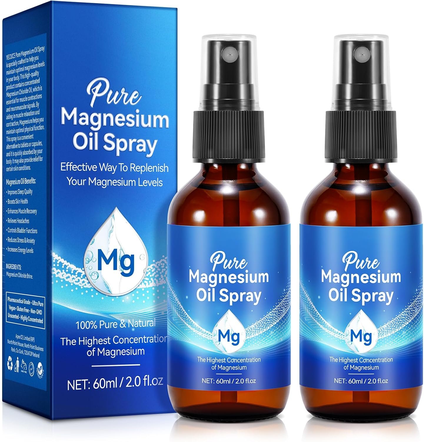Magnesium Oil Spray 2Pack, Pure Magnesium Oil Spray for Feet, Nourish Skin, 2 Fl.Oz